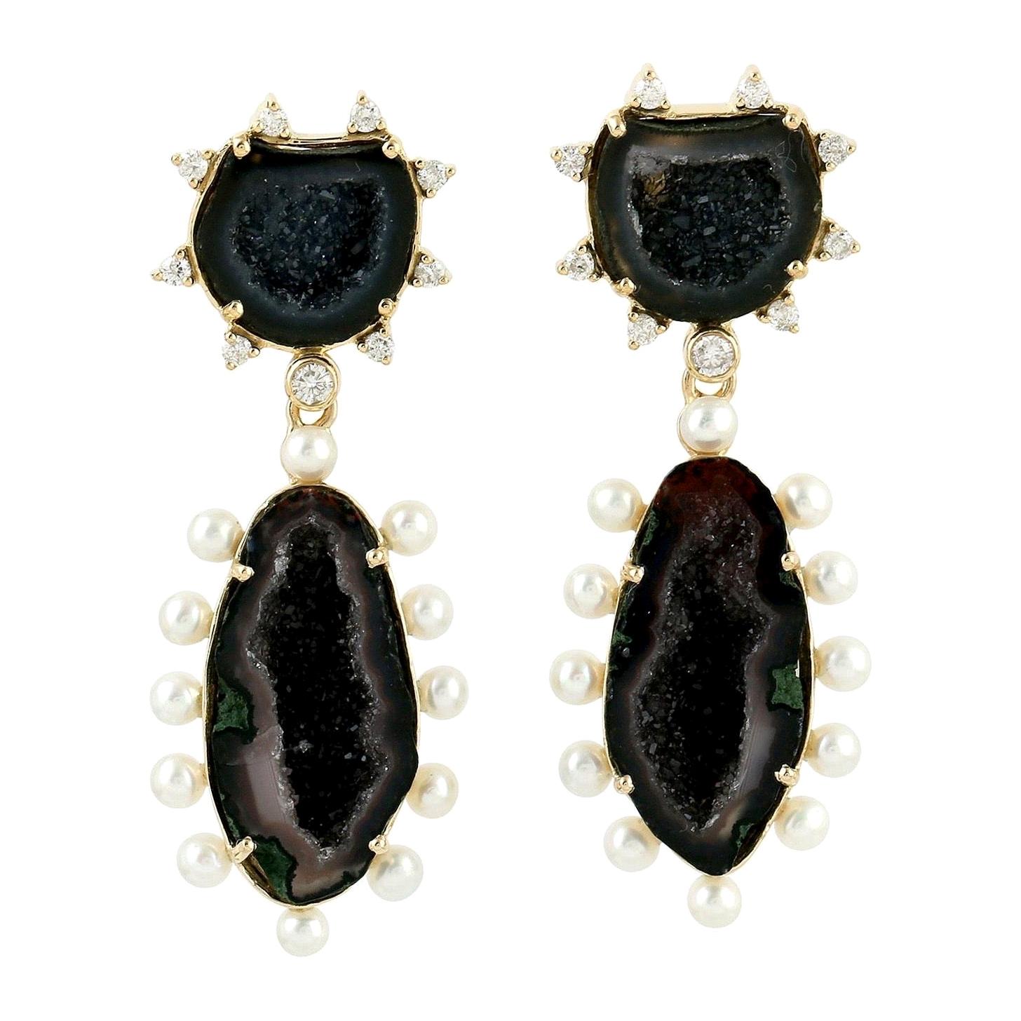 Geode 18 Karat Gold Pearl Diamond Earrings For Sale