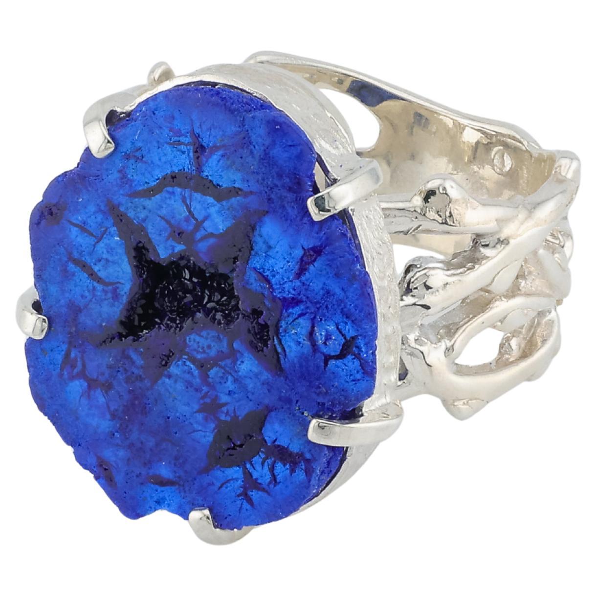 Geode azurite silver ring, size 8 For Sale
