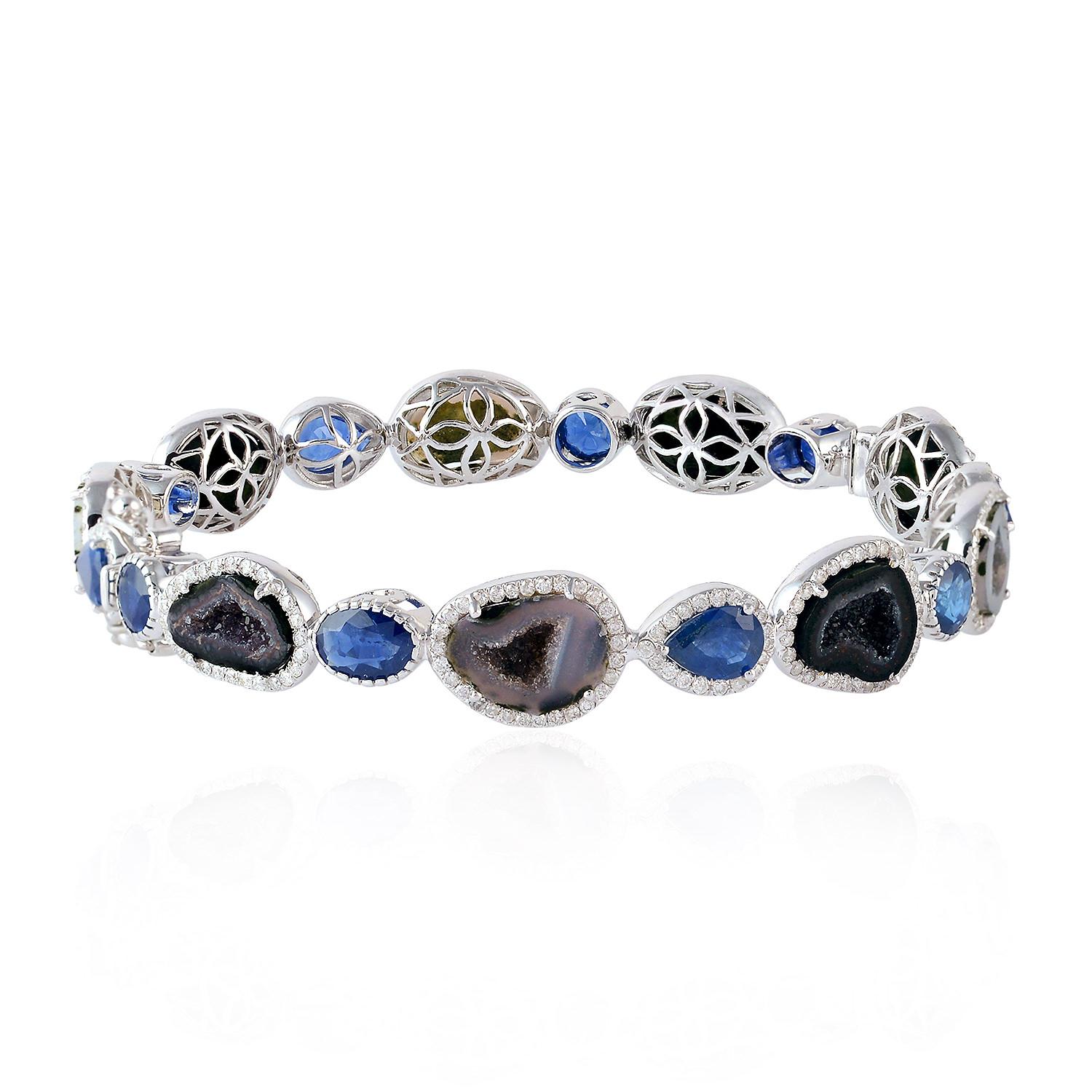 Artisan Geode Blue Sapphire Diamond 18 Karat Gold Bangle Bracelet For Sale