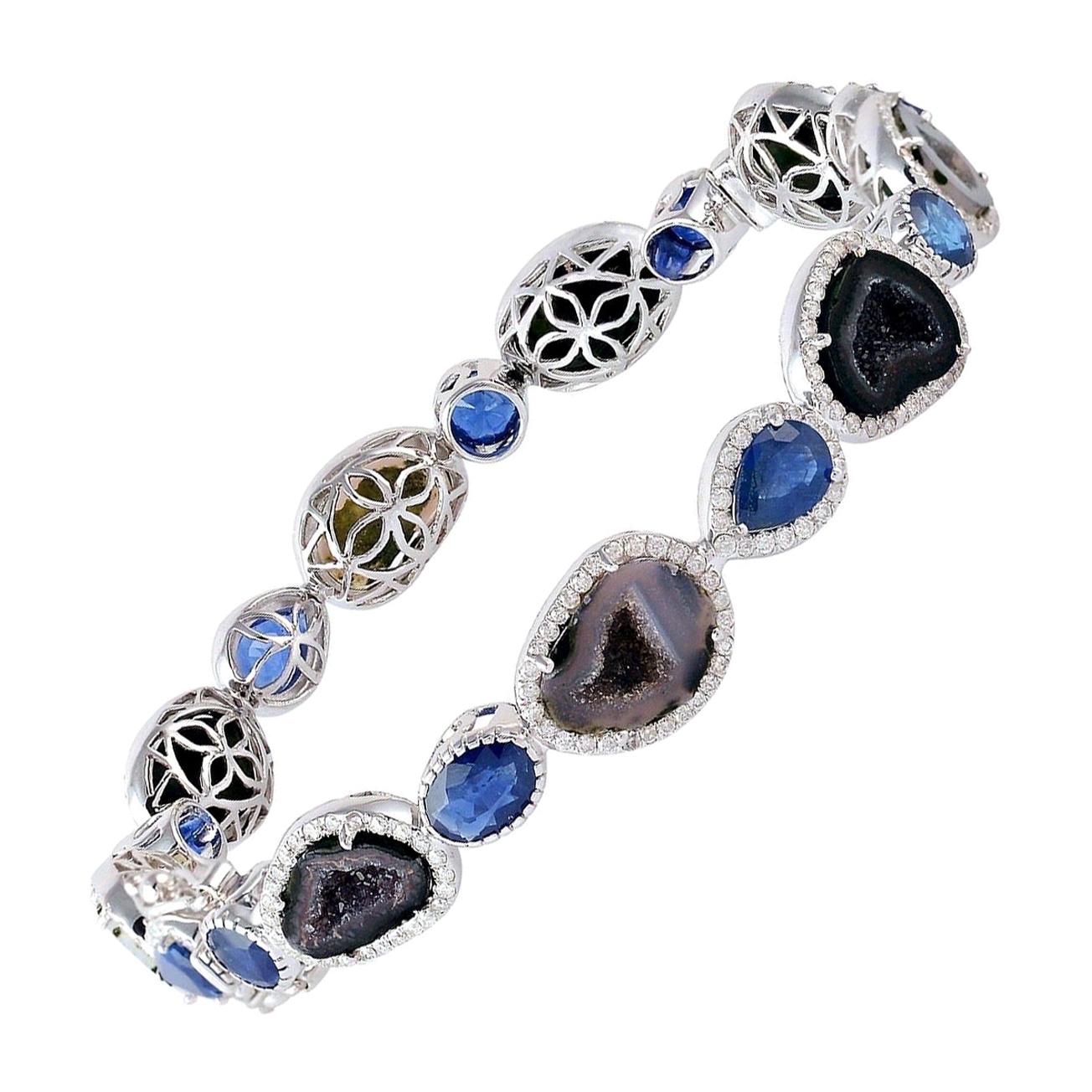 Geode Blue Sapphire Diamond 18 Karat Gold Bangle Bracelet