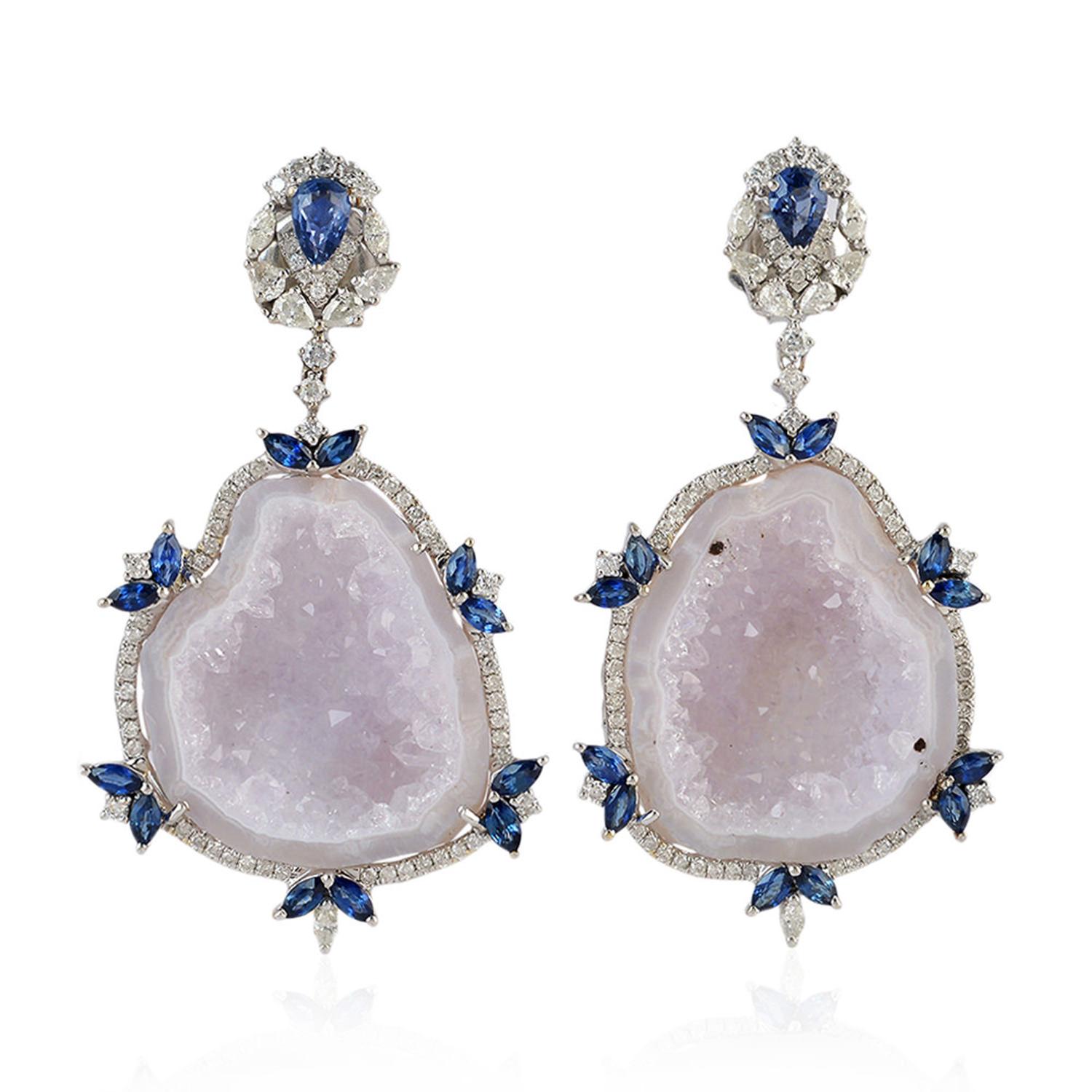 Modern Blue Sapphire Diamond 18 Karat Gold Geode Earrings For Sale