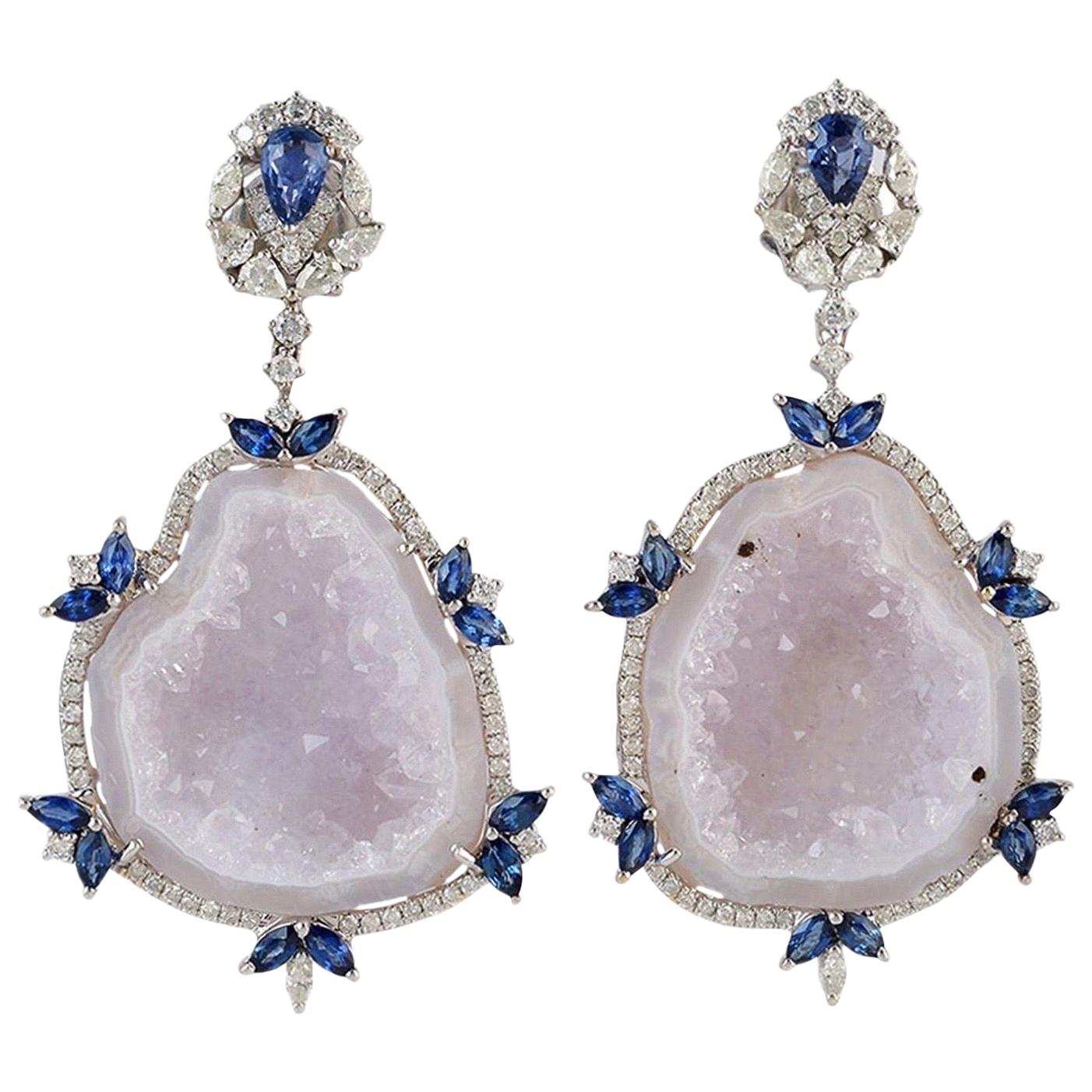 Blue Sapphire Diamond 18 Karat Gold Geode Earrings