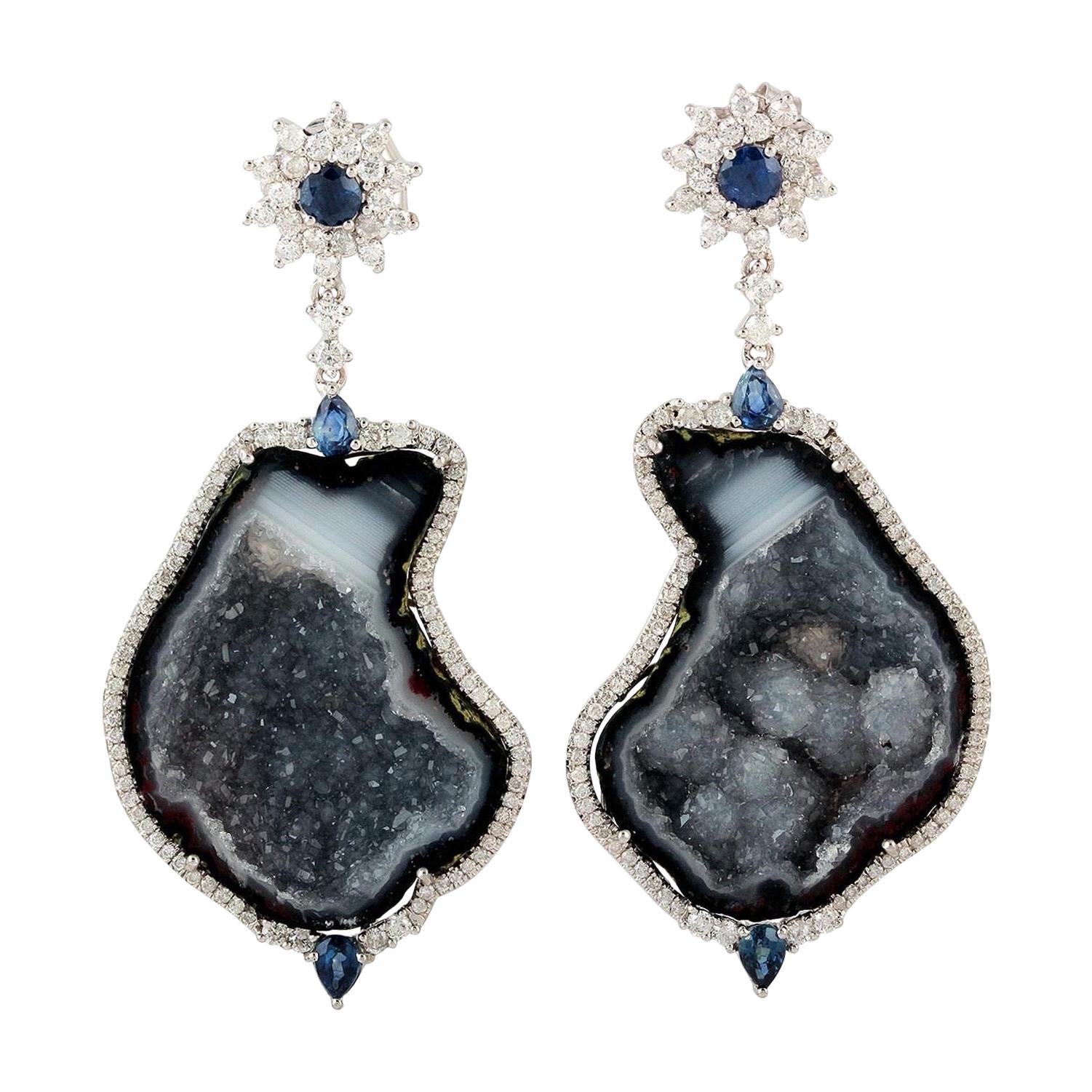 Geode Blue Sapphire Diamond 18 Karat Gold Earrings For Sale