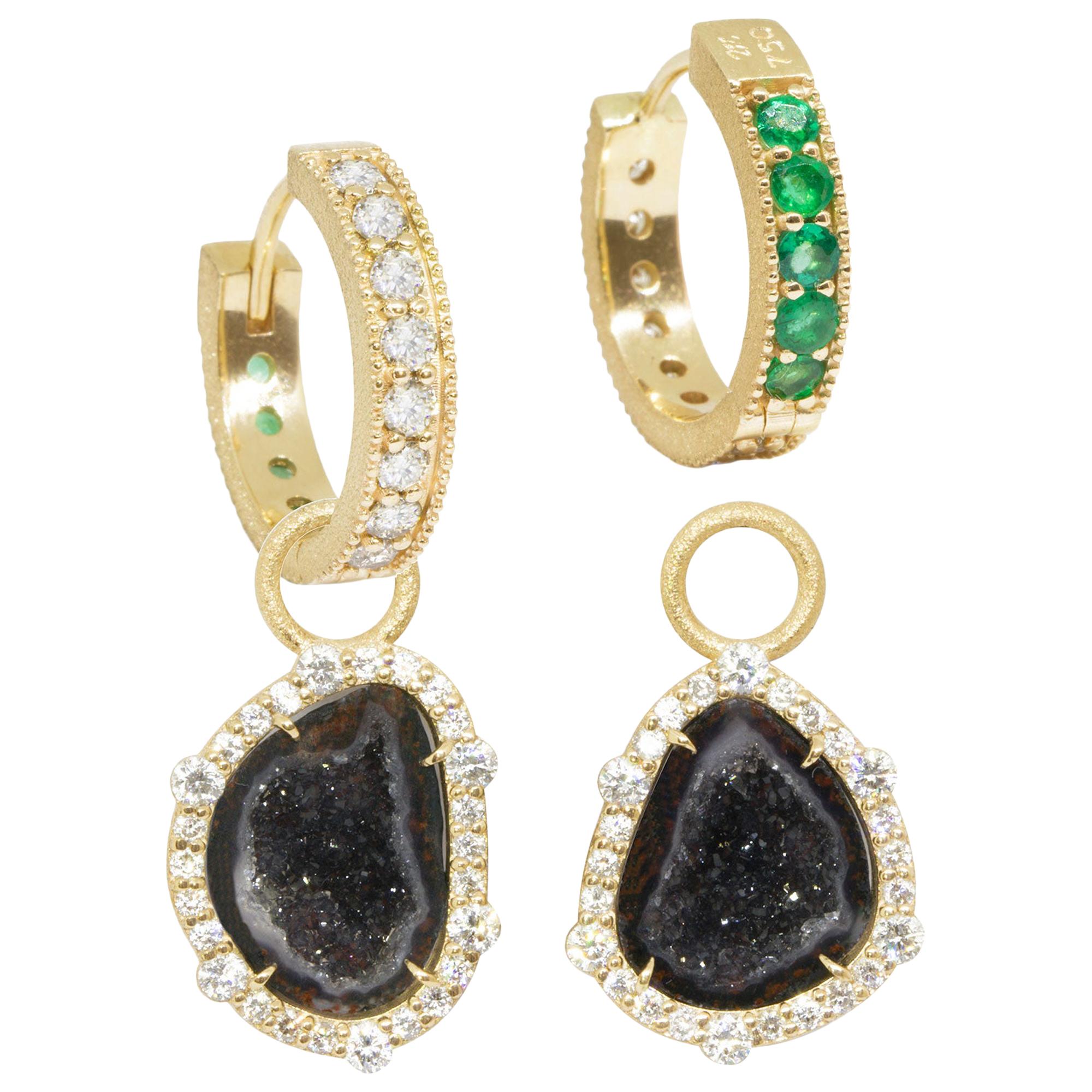 Geode Charms and Intricate 18 Karat Gold Reversible Huggies Earrings For Sale