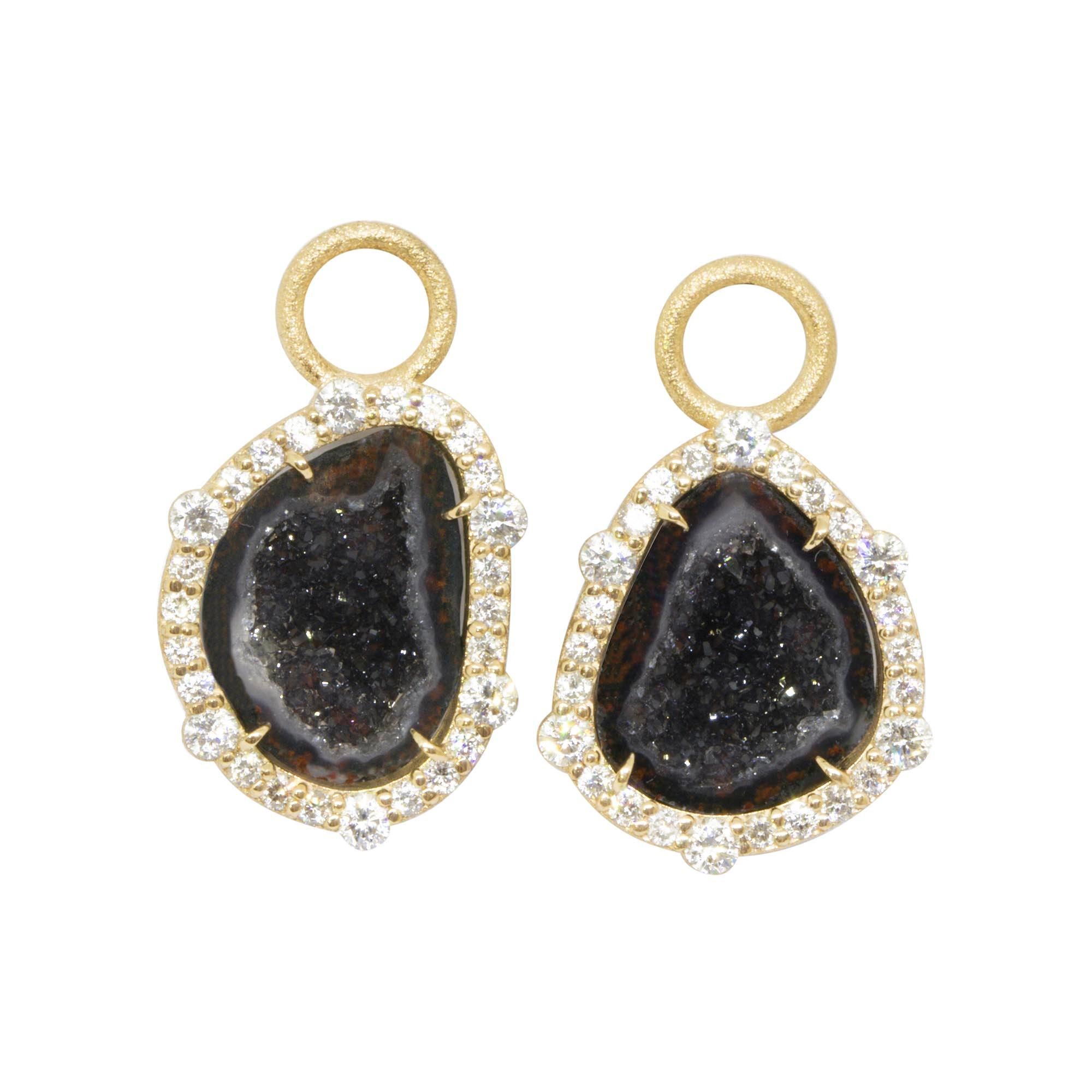 Brilliant Cut Geode Charms and Intricate 18 Karat Gold Reversible Huggies Earrings For Sale