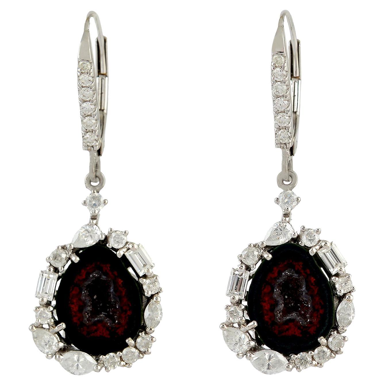 Geode Dangle Earrings with Fancy Diamonds Made in 18k White Gold For Sale