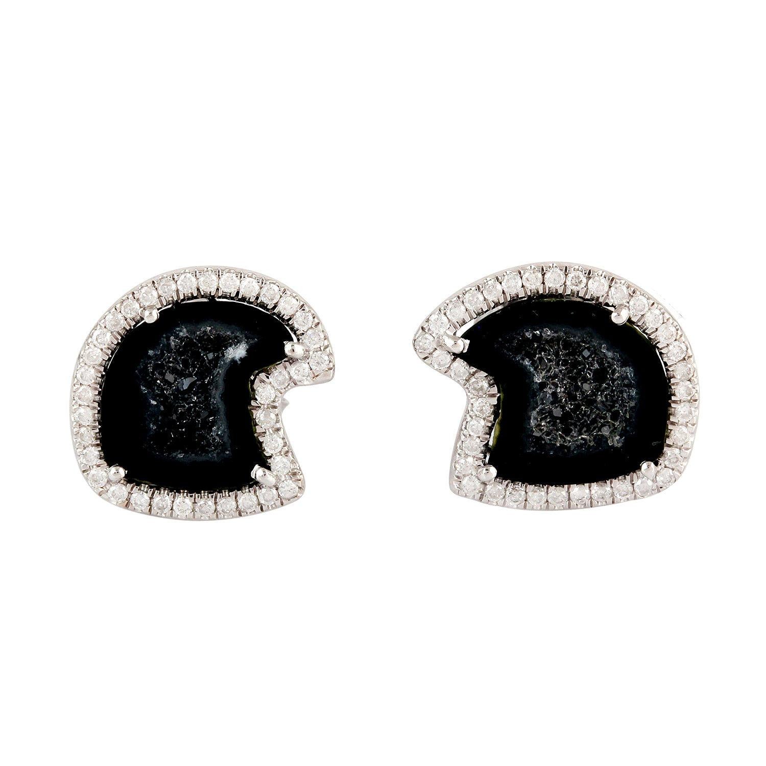 Single Cut Geode Diamond 18 Karat White Gold Stud Earrings For Sale