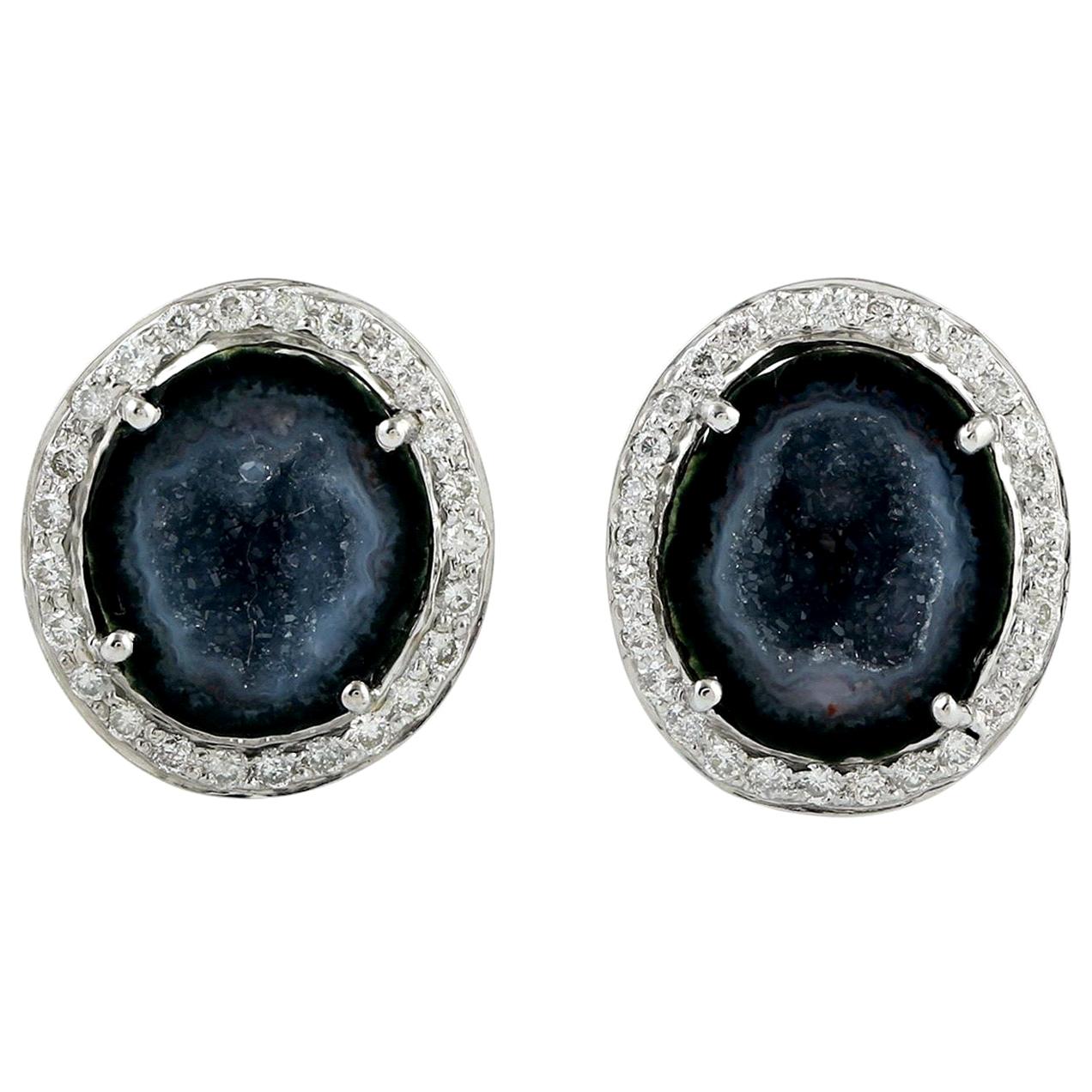 Geode Diamond 18 Karat White Gold Stud Earrings For Sale