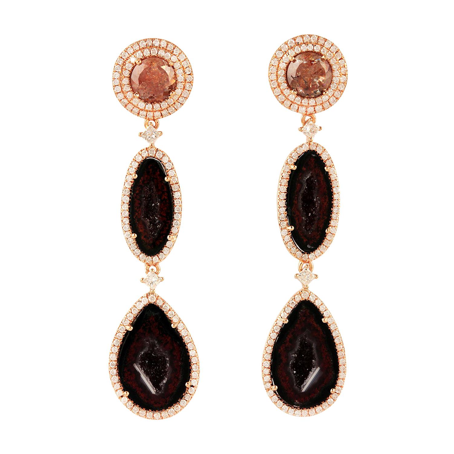 Two Tier Sliced Geode Diamond Earrings Made in 18K Rose Gold For Sale