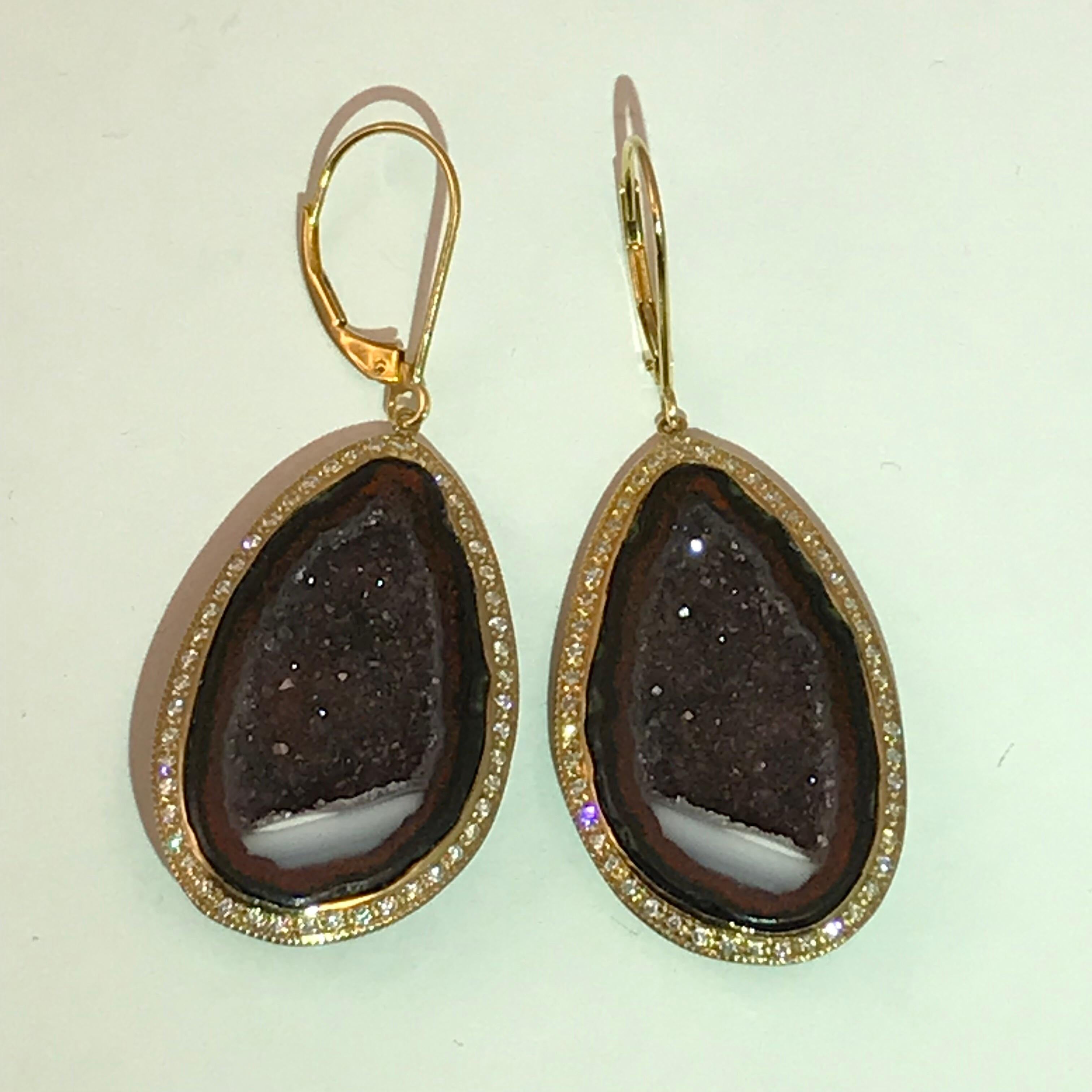 Geode Drop Earrings Set in 14 Karat Yellow Gold with .75 Carat Total of Diamonds For Sale 4