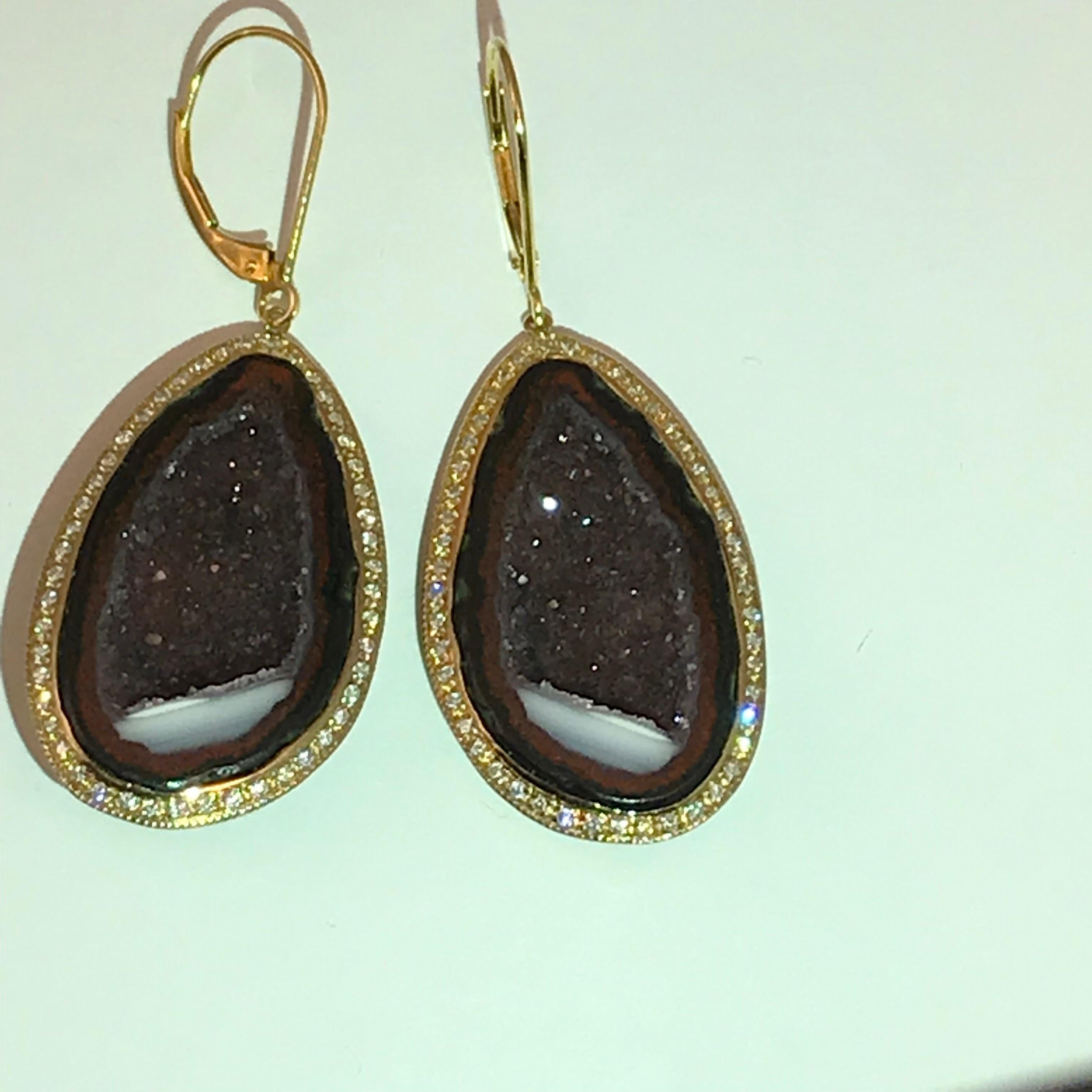 Geode Drop Earrings Set in 14 Karat Yellow Gold with .75 Carat Total of Diamonds For Sale 5