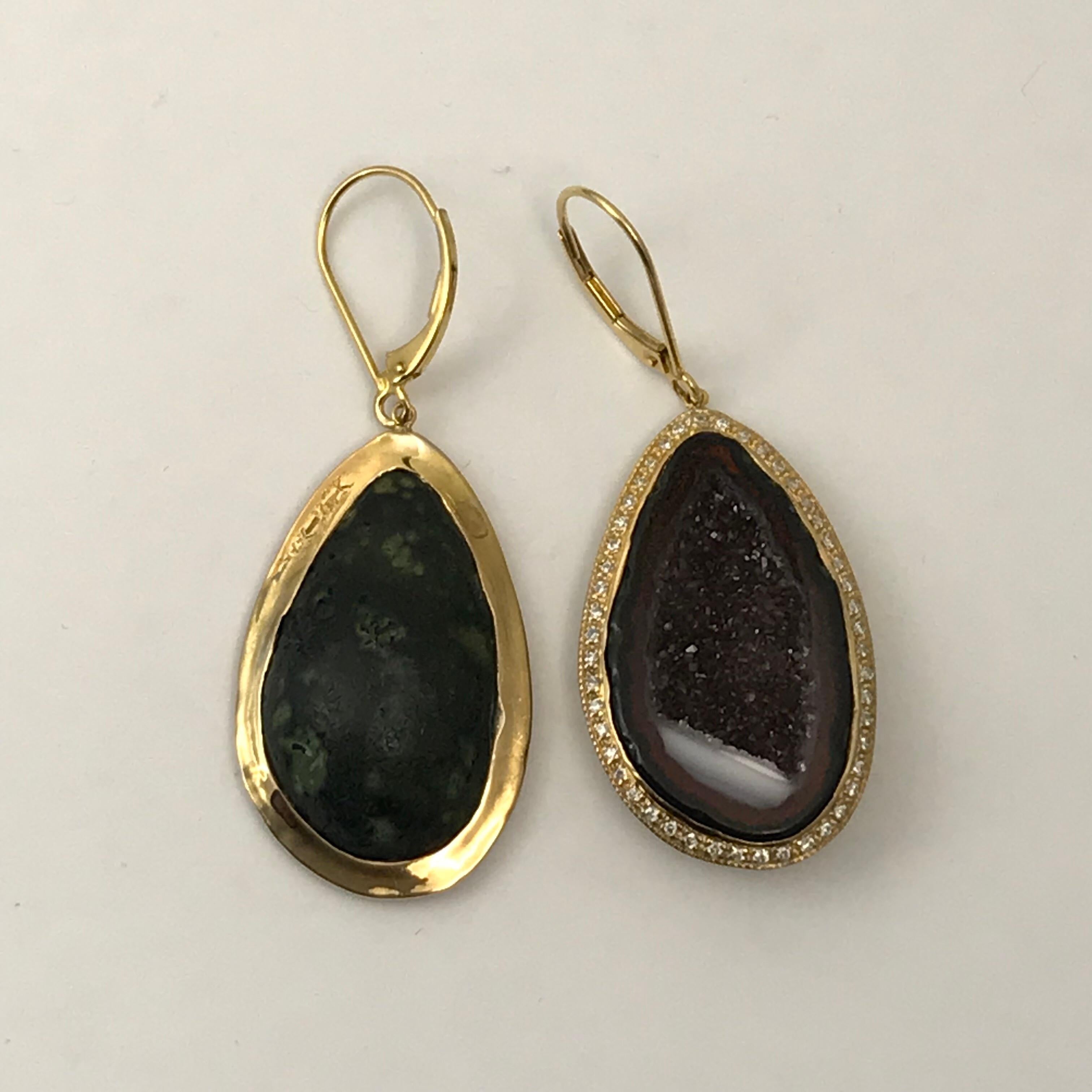 Geode Drop Earrings Set in 14 Karat Yellow Gold with .75 Carat Total of Diamonds For Sale 6