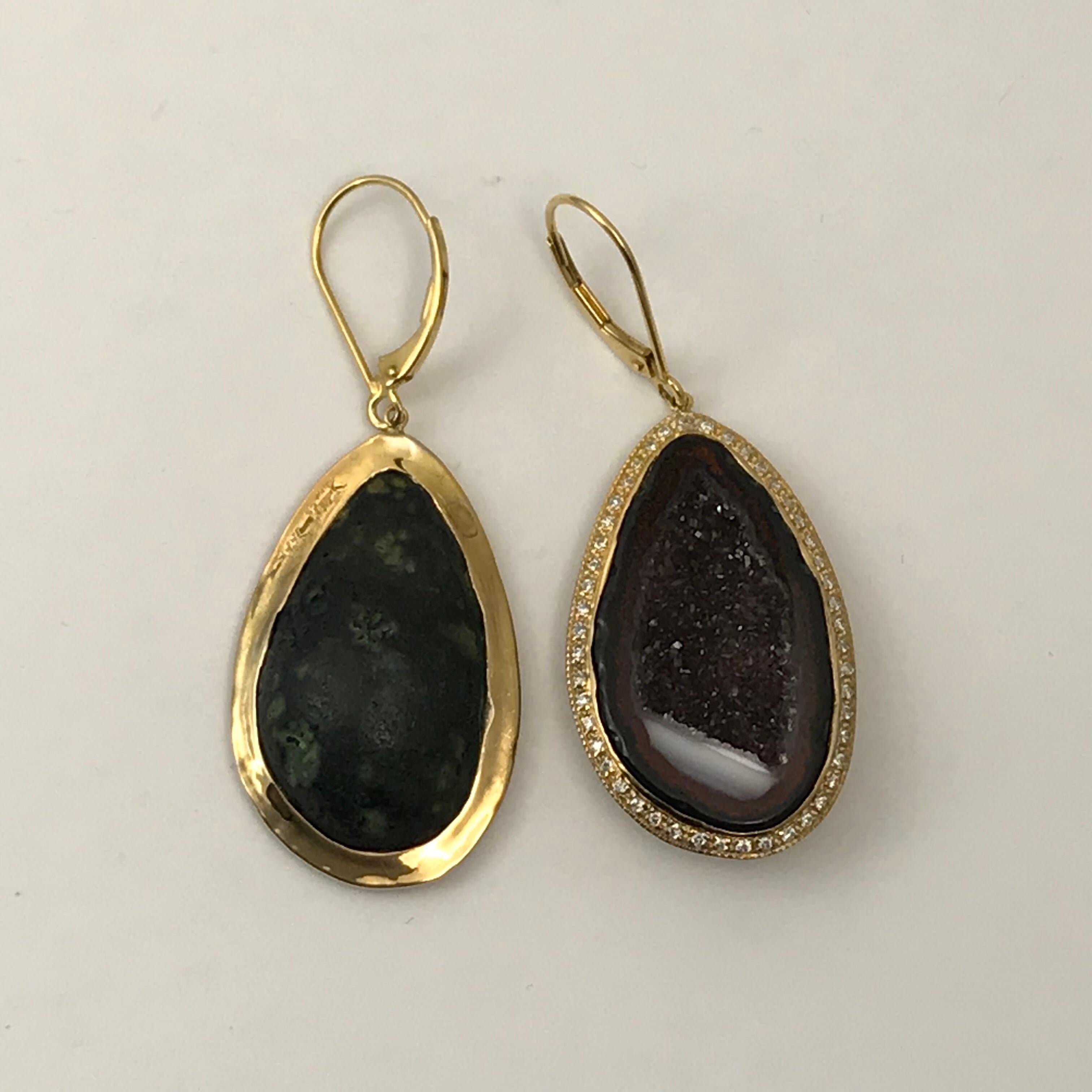 Geode Drop Earrings Set in 14 Karat Yellow Gold with .75 Carat Total of Diamonds For Sale 7