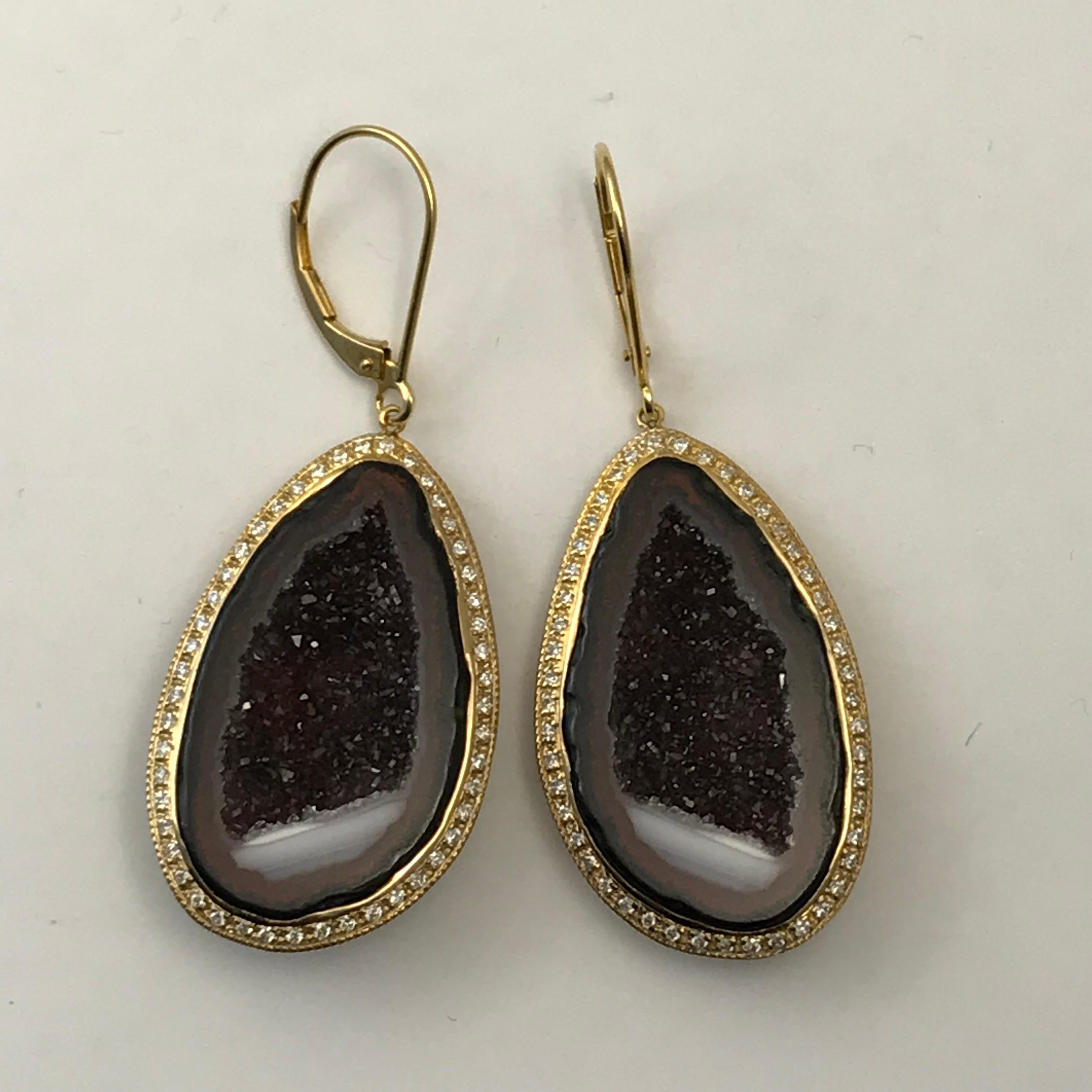 Contemporary Geode Drop Earrings Set in 14 Karat Yellow Gold with .75 Carat Total of Diamonds For Sale