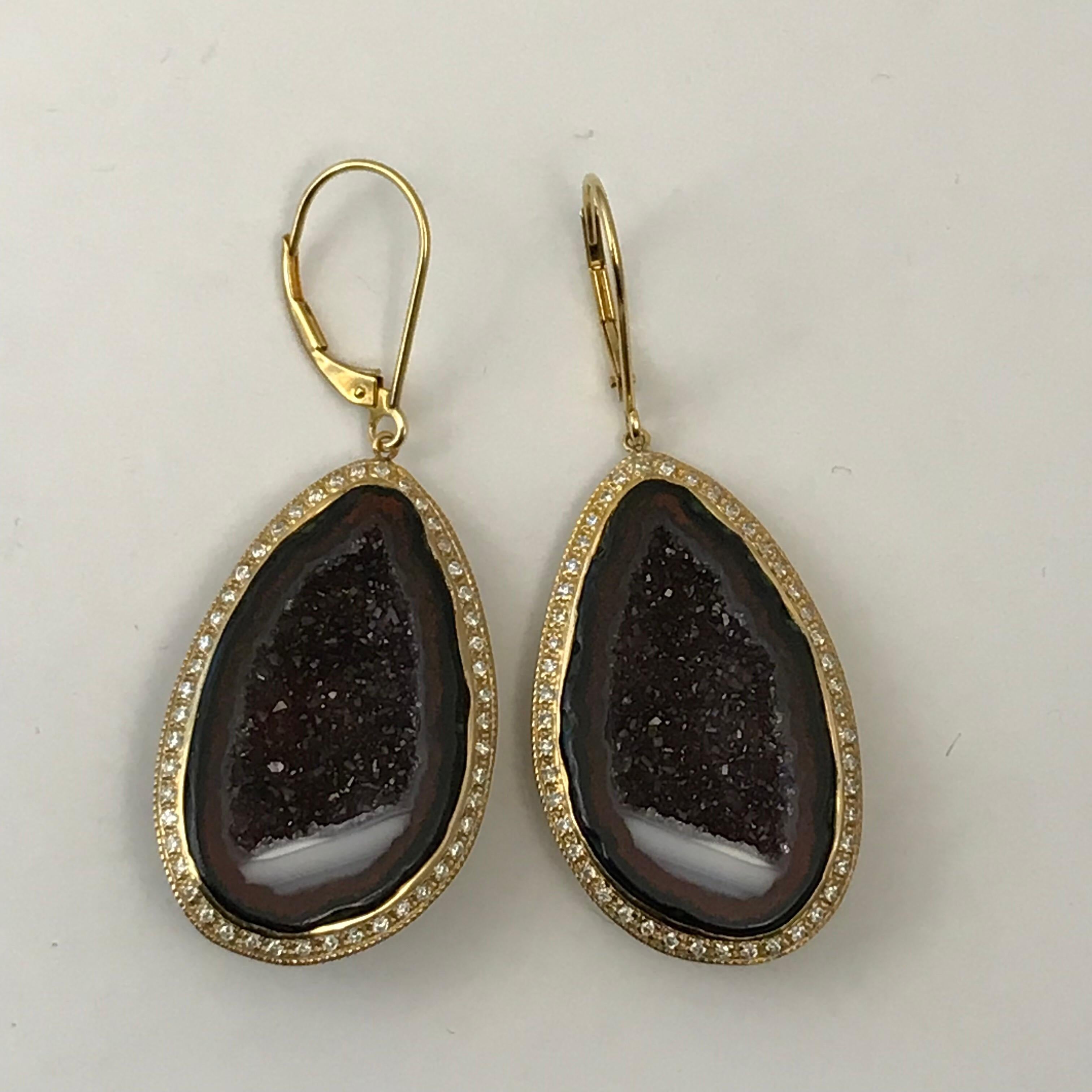 Round Cut Geode Drop Earrings Set in 14 Karat Yellow Gold with .75 Carat Total of Diamonds For Sale