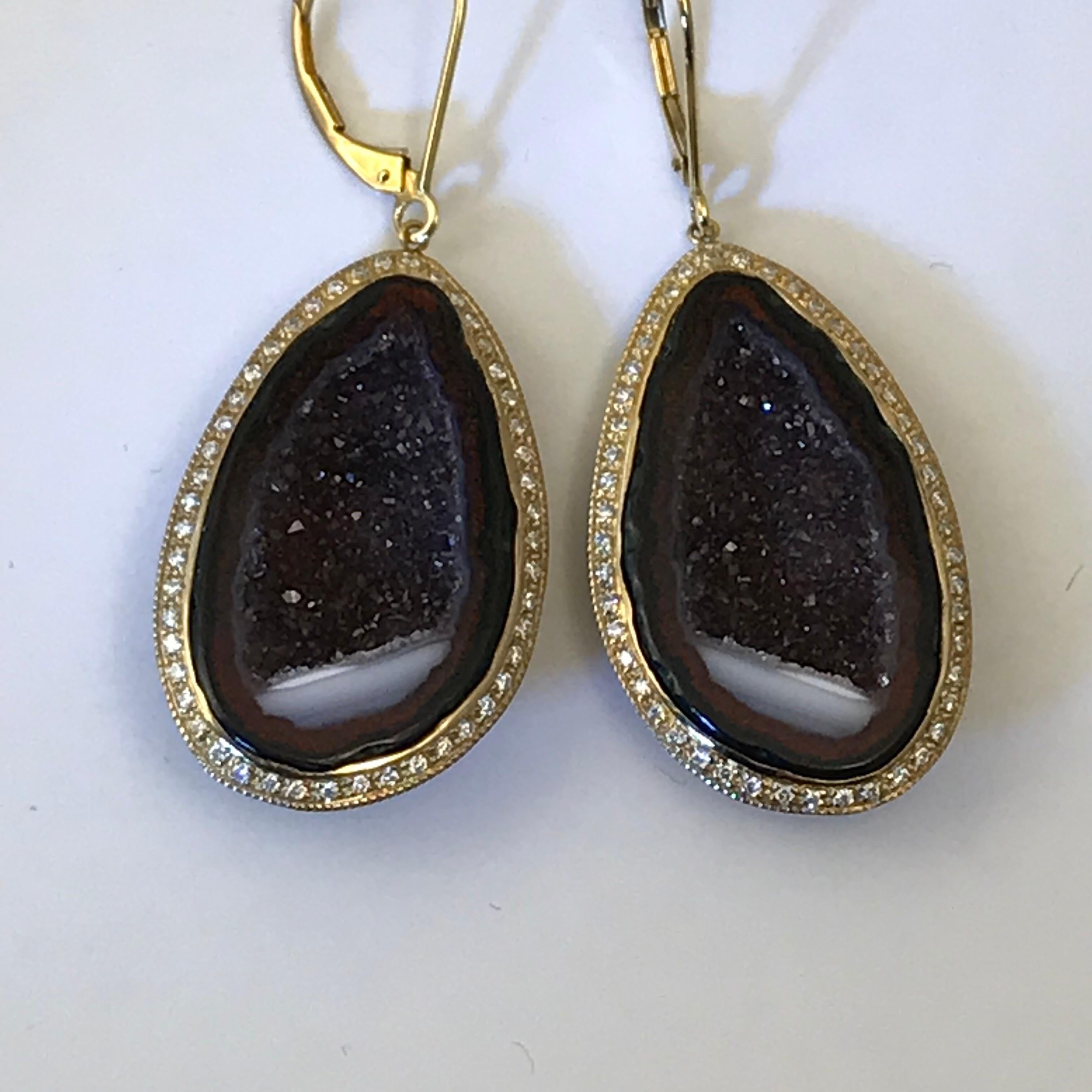 Women's Geode Drop Earrings Set in 14 Karat Yellow Gold with .75 Carat Total of Diamonds For Sale