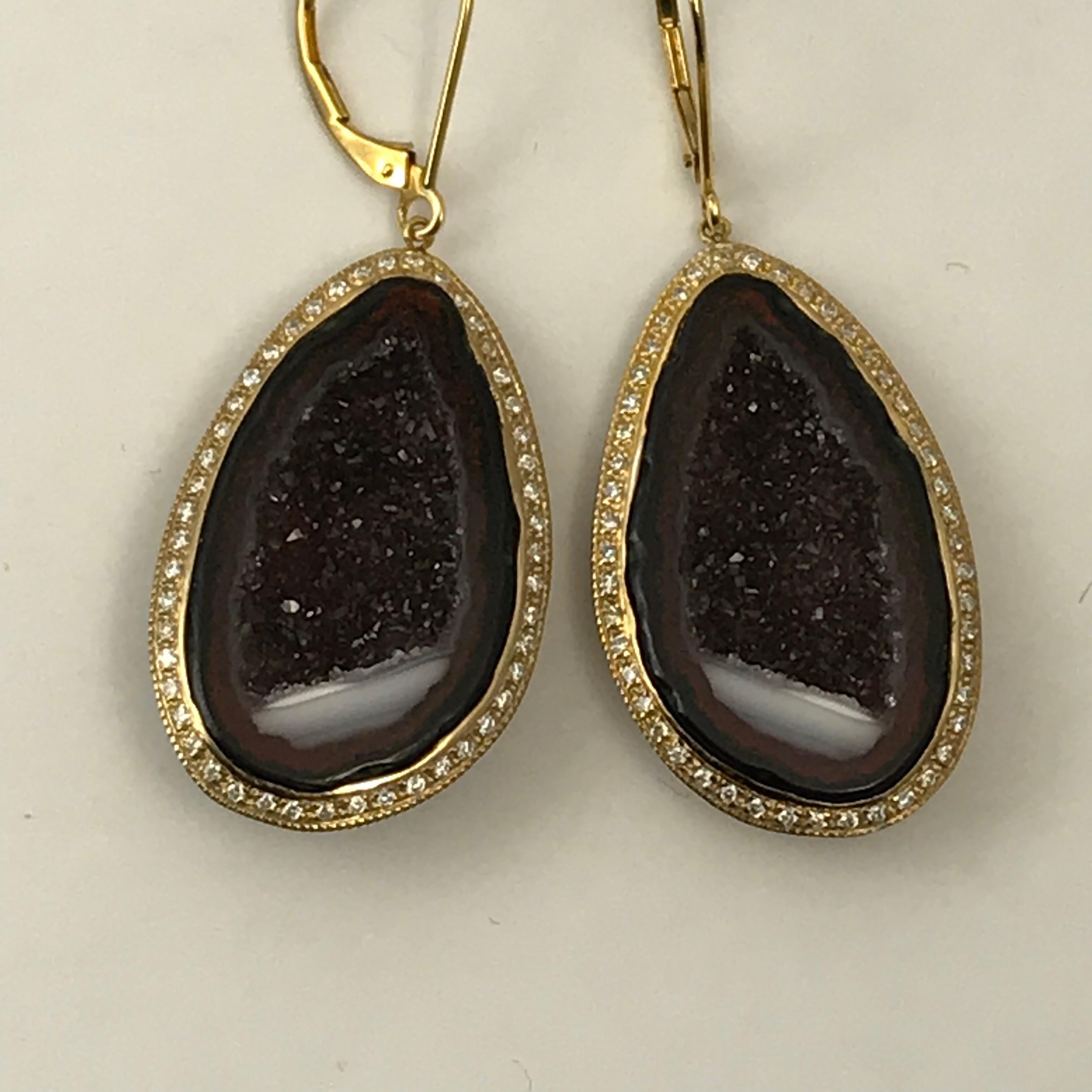 Geode Drop Earrings Set in 14 Karat Yellow Gold with .75 Carat Total of Diamonds For Sale 1