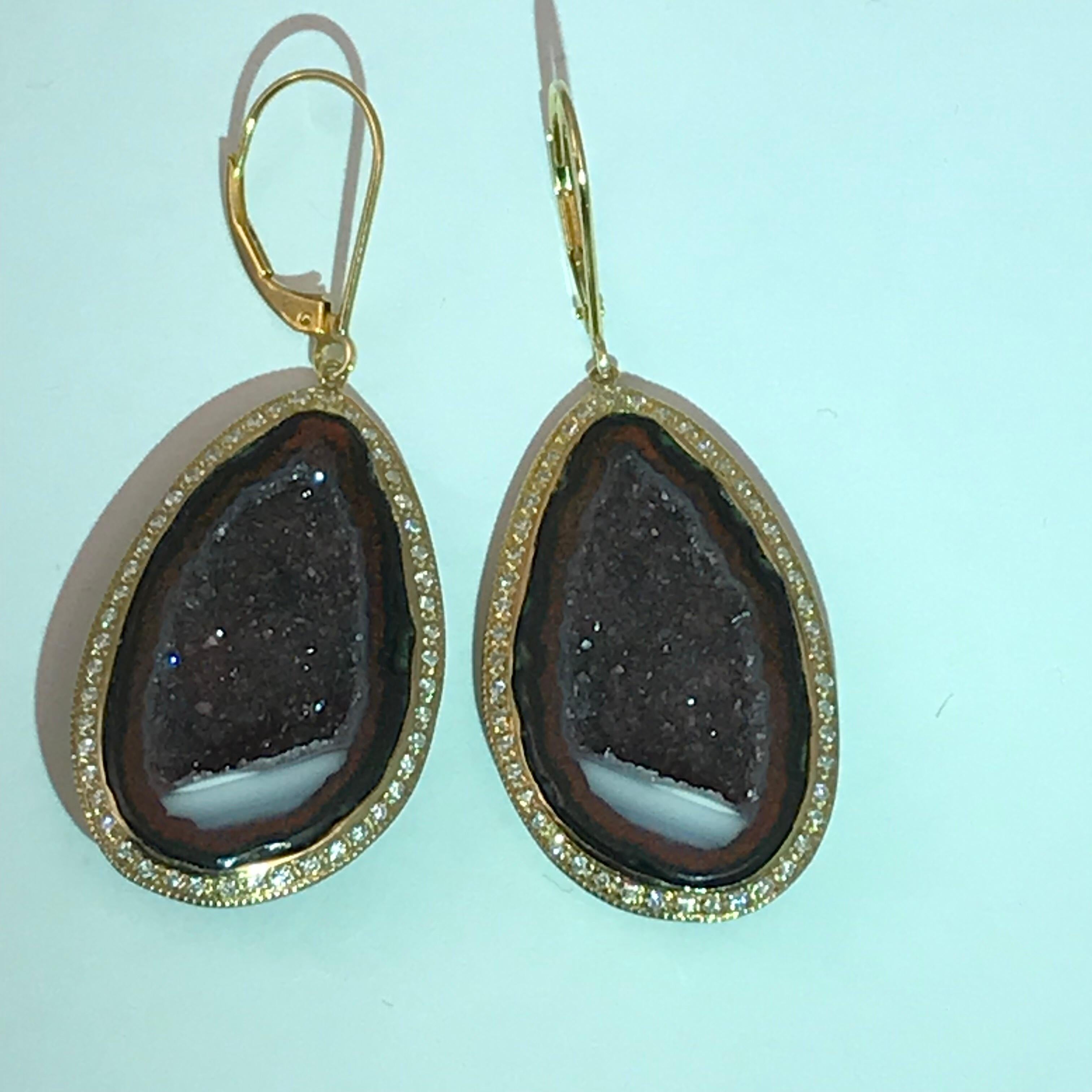 Geode Drop Earrings Set in 14 Karat Yellow Gold with .75 Carat Total of Diamonds For Sale 2