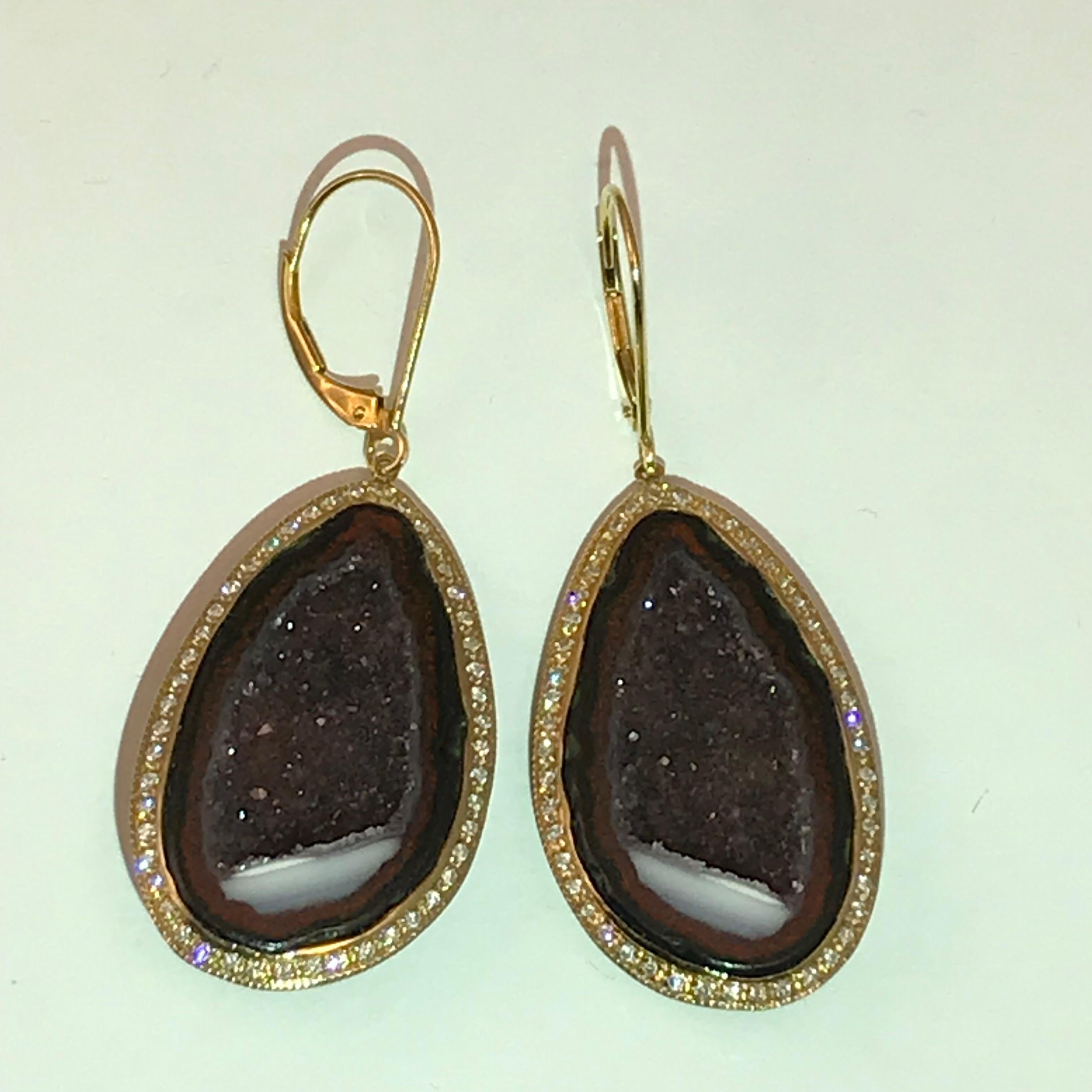Geode Drop Earrings Set in 14 Karat Yellow Gold with .75 Carat Total of Diamonds For Sale 3