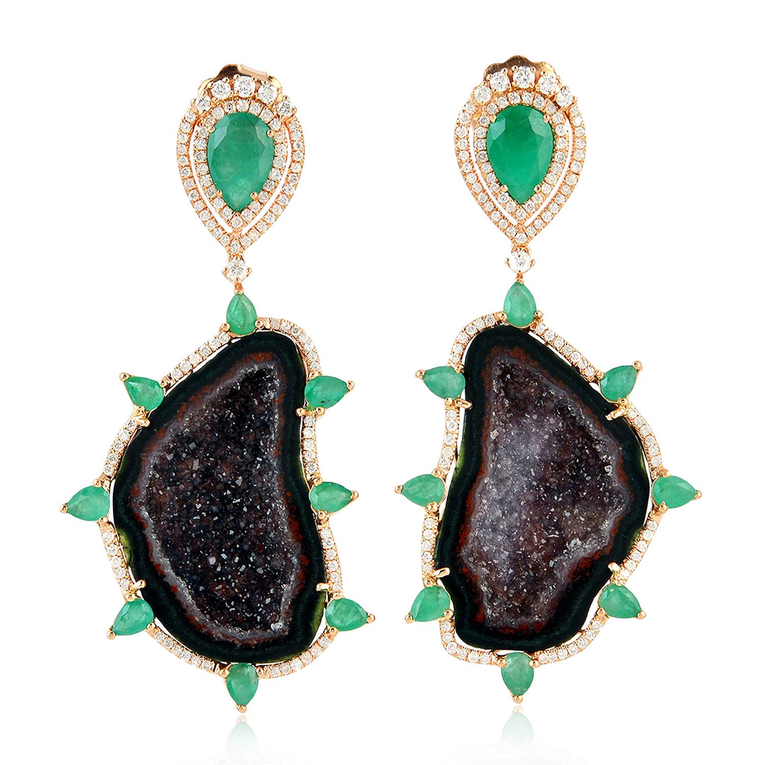 Modern Geode Emerald Diamond 18 Karat Gold Earrings For Sale