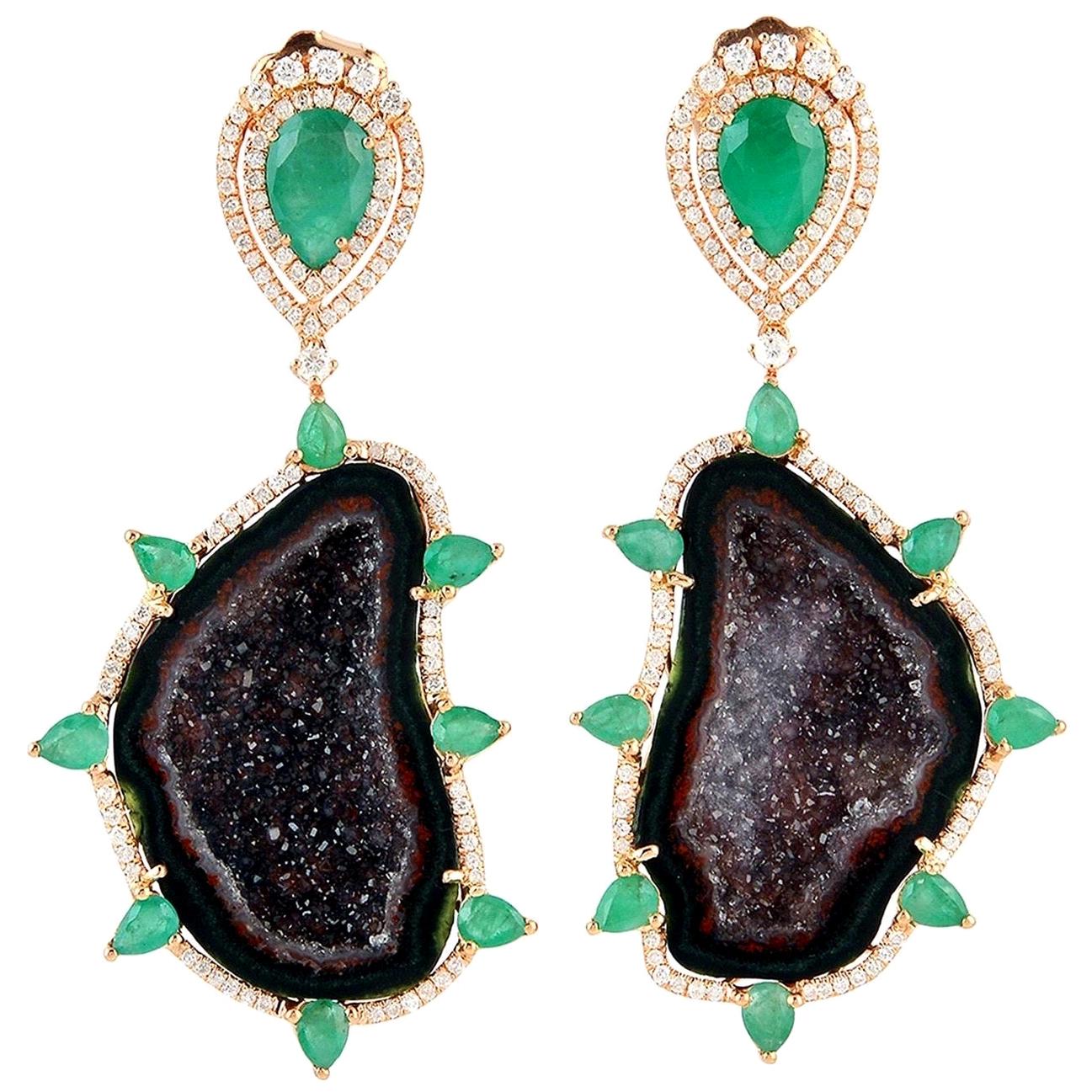 Geode Emerald Diamond 18 Karat Gold Earrings For Sale