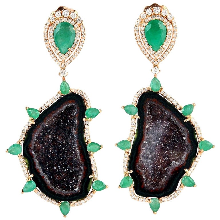 Geode Emerald Diamond 18 Karat Gold Earrings For Sale at 1stDibs
