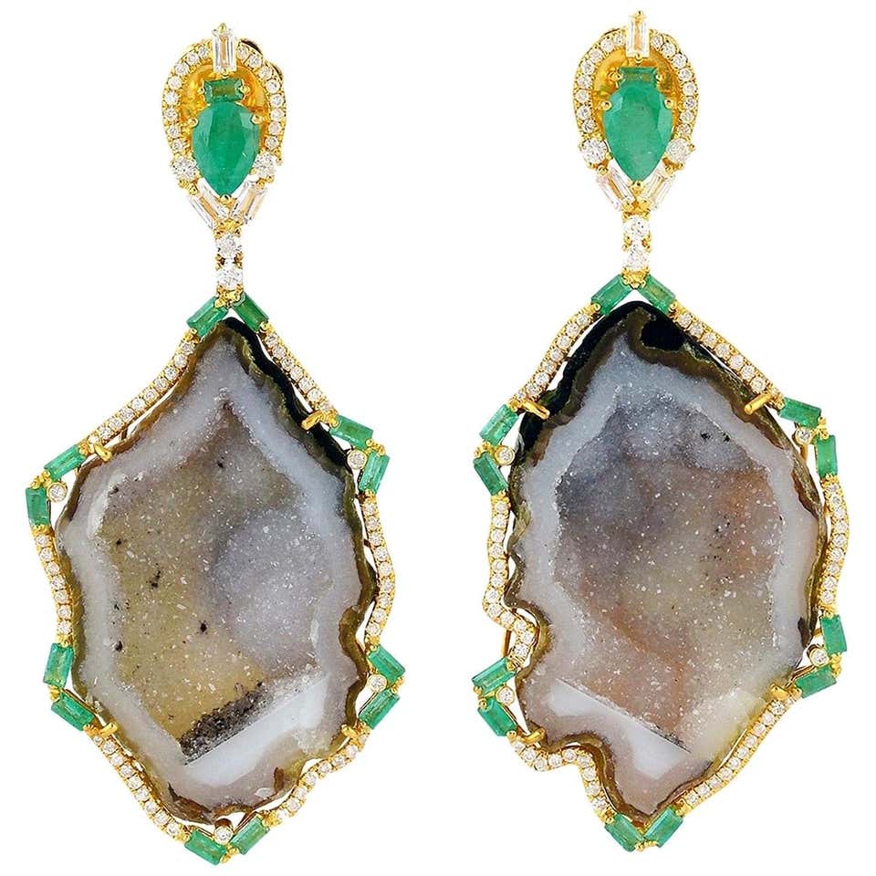Geode Emerald Diamond 18 Karat Gold Earrings For Sale at 1stDibs