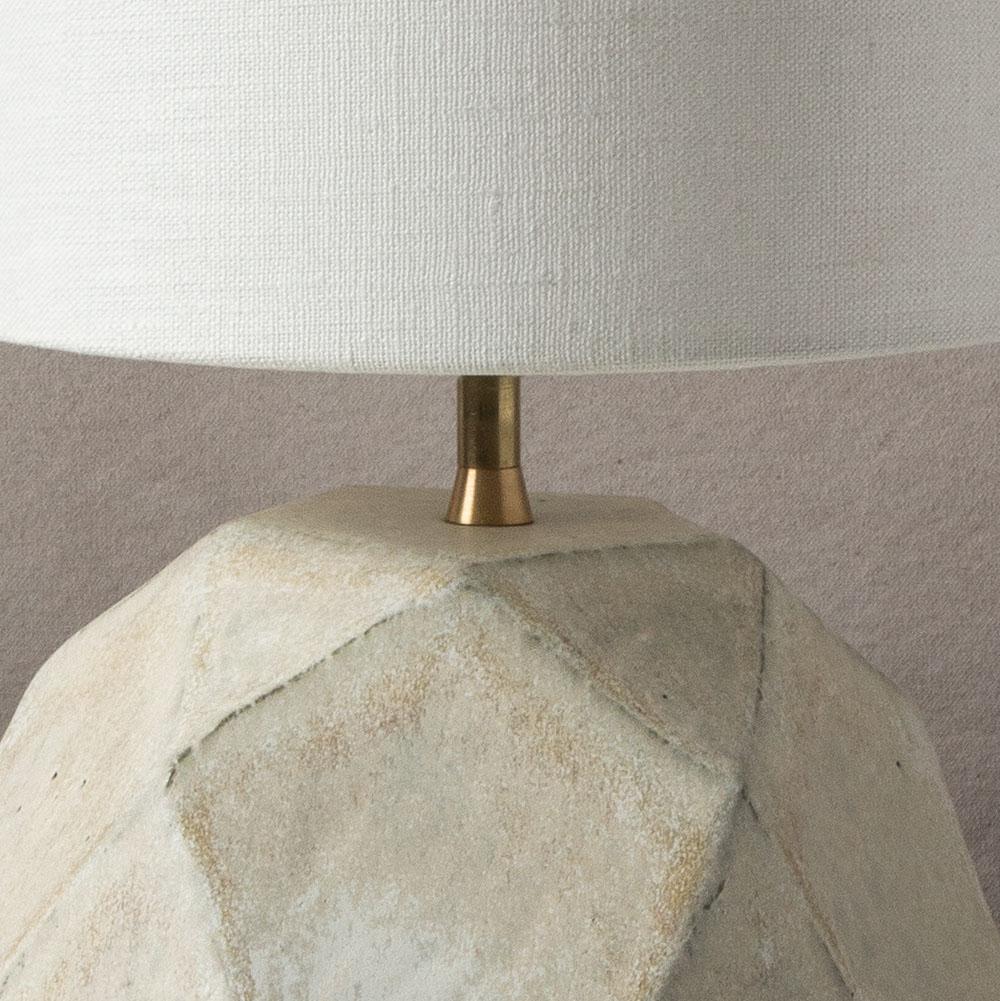 American 'Geode' Geometric White Ceramic and Brass Small Table Lamp with Linen Shade #2S For Sale