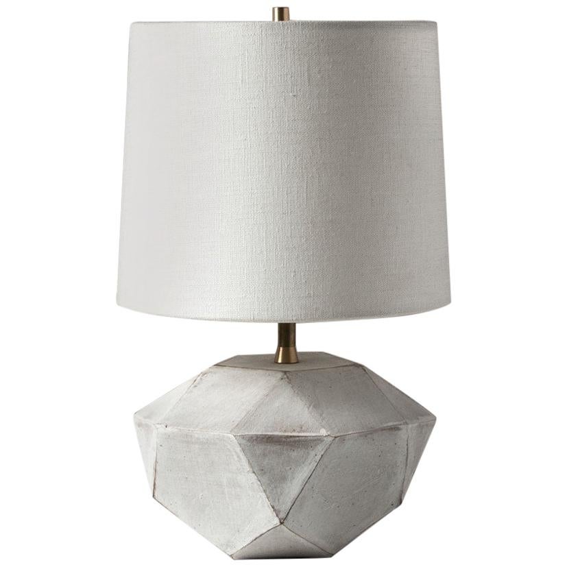 'Geode' Geometric White Ceramic and Brass Small Table Lamp with Linen Shade #2S For Sale