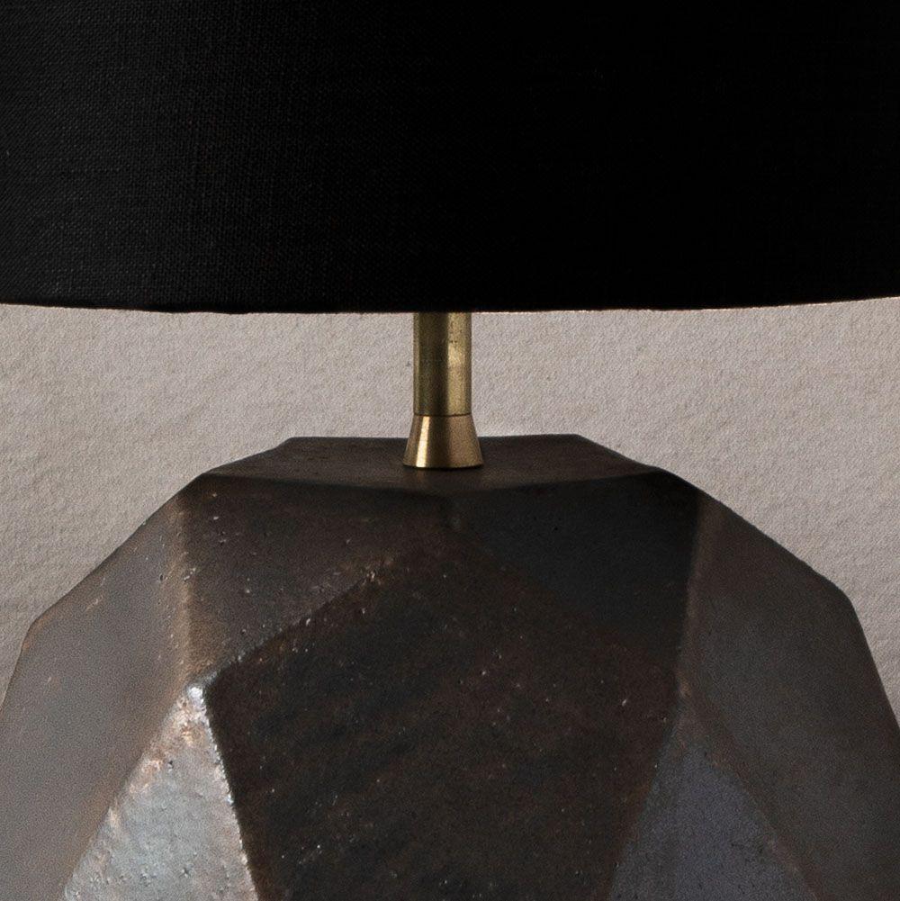 American 'Geode' Geometric White Ceramic and Brass Small Table Lamp with Linen Shade #4S For Sale