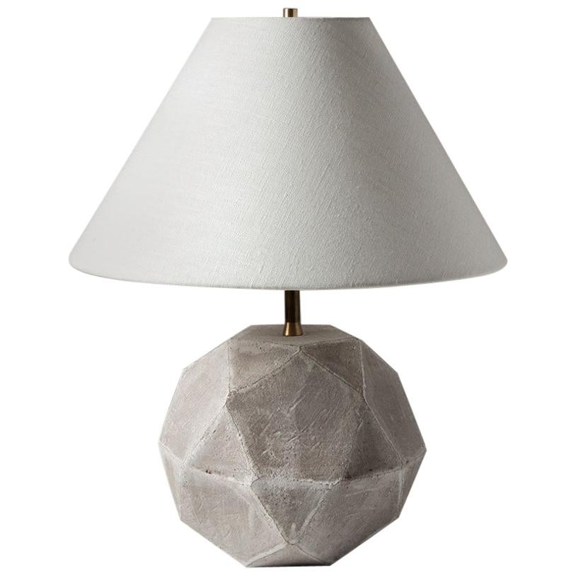 'Geode' Geometric White Ceramic and Brass Small Table Lamp with Linen Shade #4S For Sale