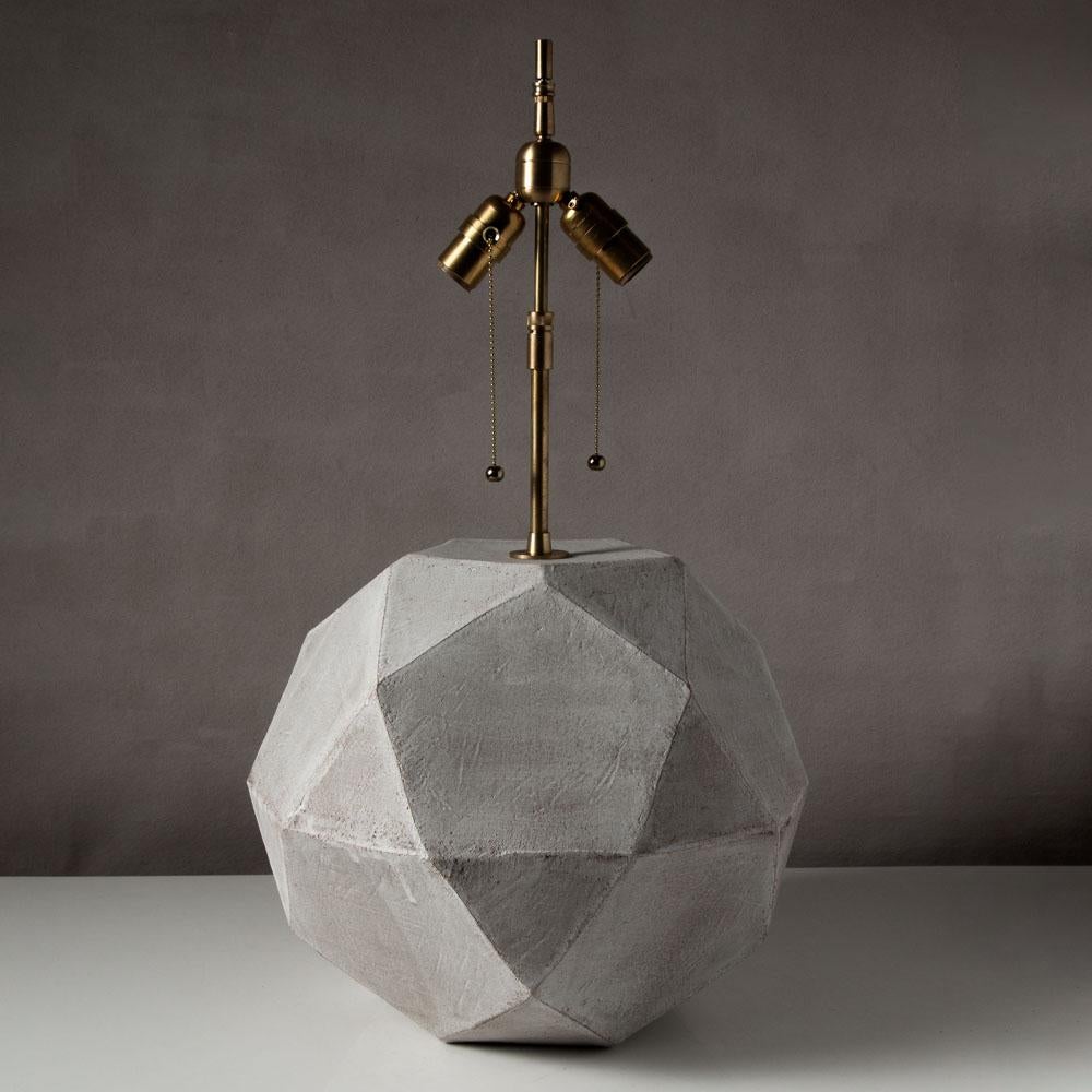 Modern Geode Lamp 4, Geometric White Ceramic and Brass Table Lamp with Linen Shade For Sale