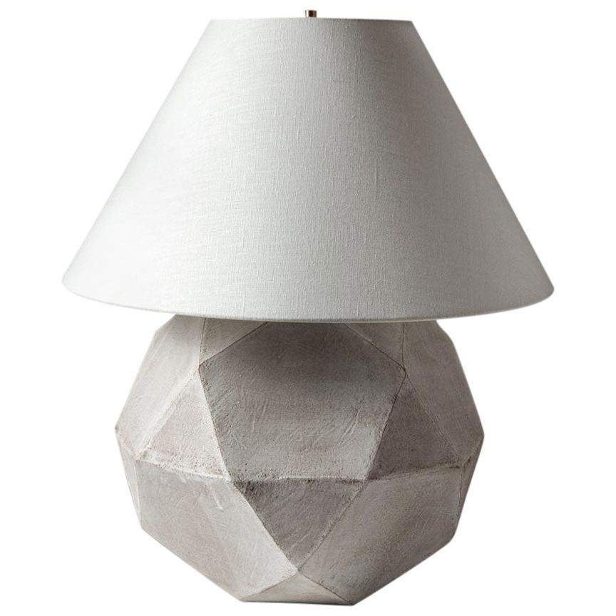 'Geode' Geometric White Ceramic and Brass Small Table Lamp with Linen