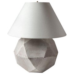 'Geode' Geometric White Ceramic and Brass Table Lamp with Linen Shade #4L
