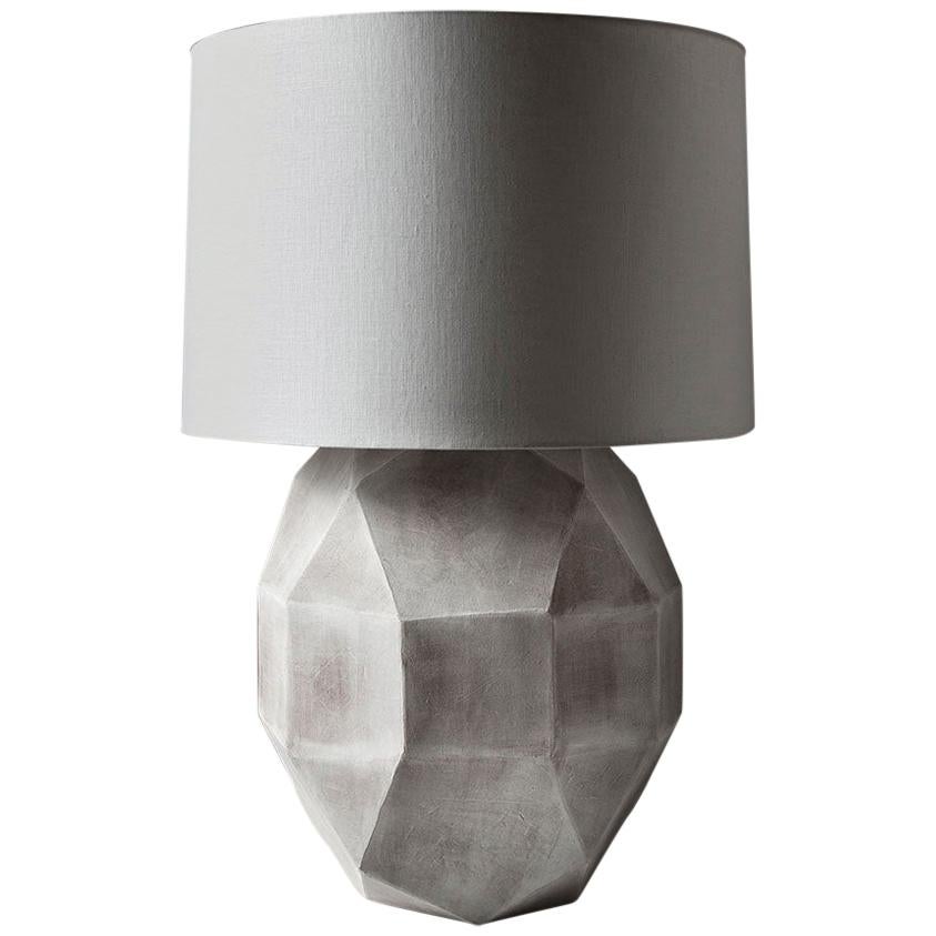 Geode Lamp 3 - Geometric White Ceramic and Brass Table Lamp with Linen Shade For Sale