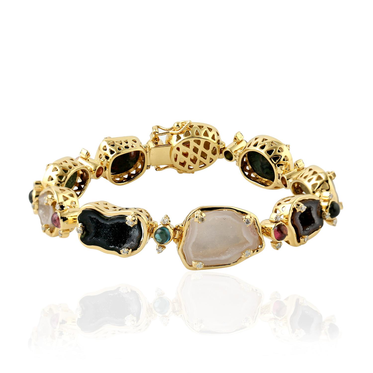 Geometrisches & mehrfarbiges Turmalin-Armband mit Diamanten aus 18 Karat Gold und Silber (Gemischter Schliff) im Angebot