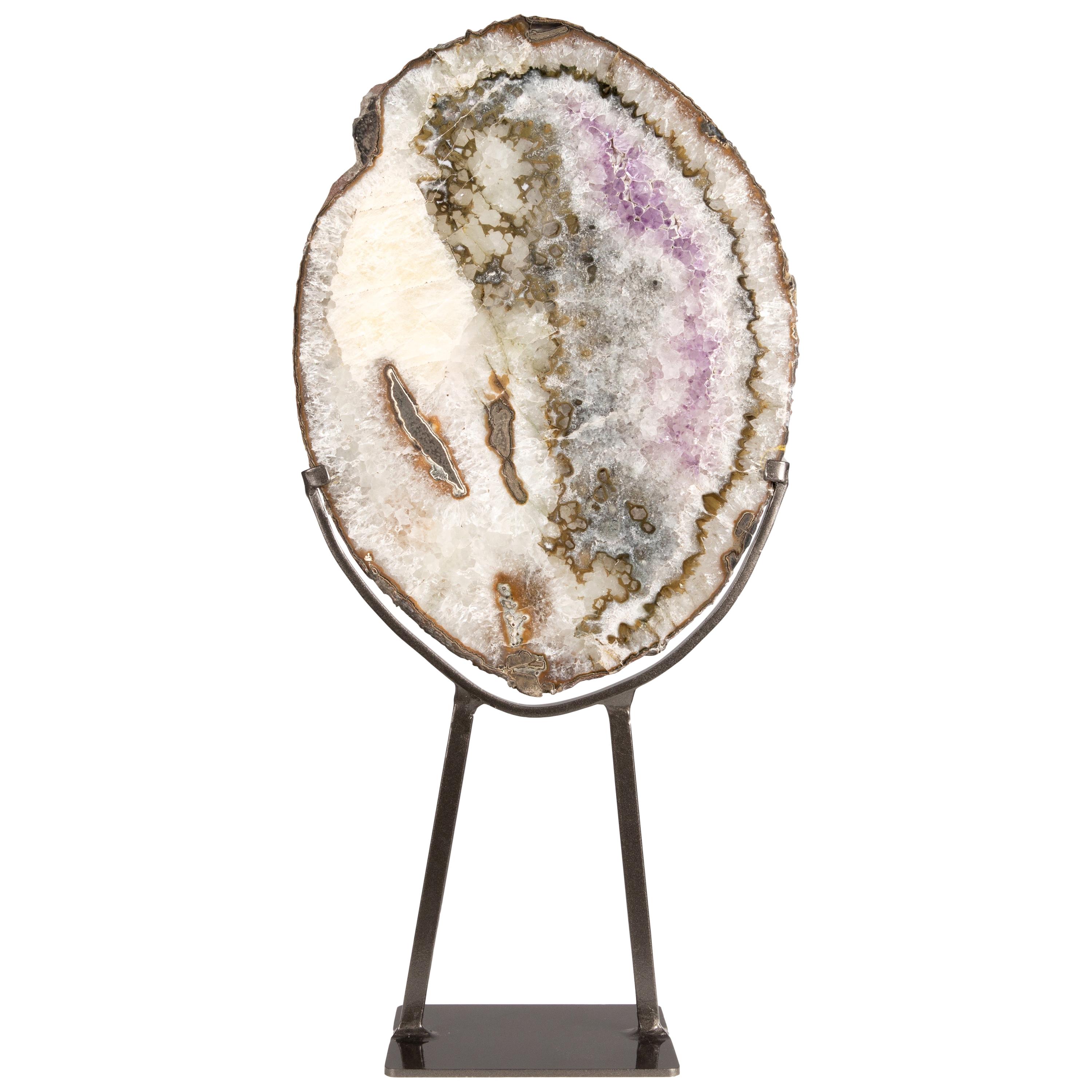 Geode Slice with Mix of Agate, White Quartz and Calcite Formation on Metal Stand