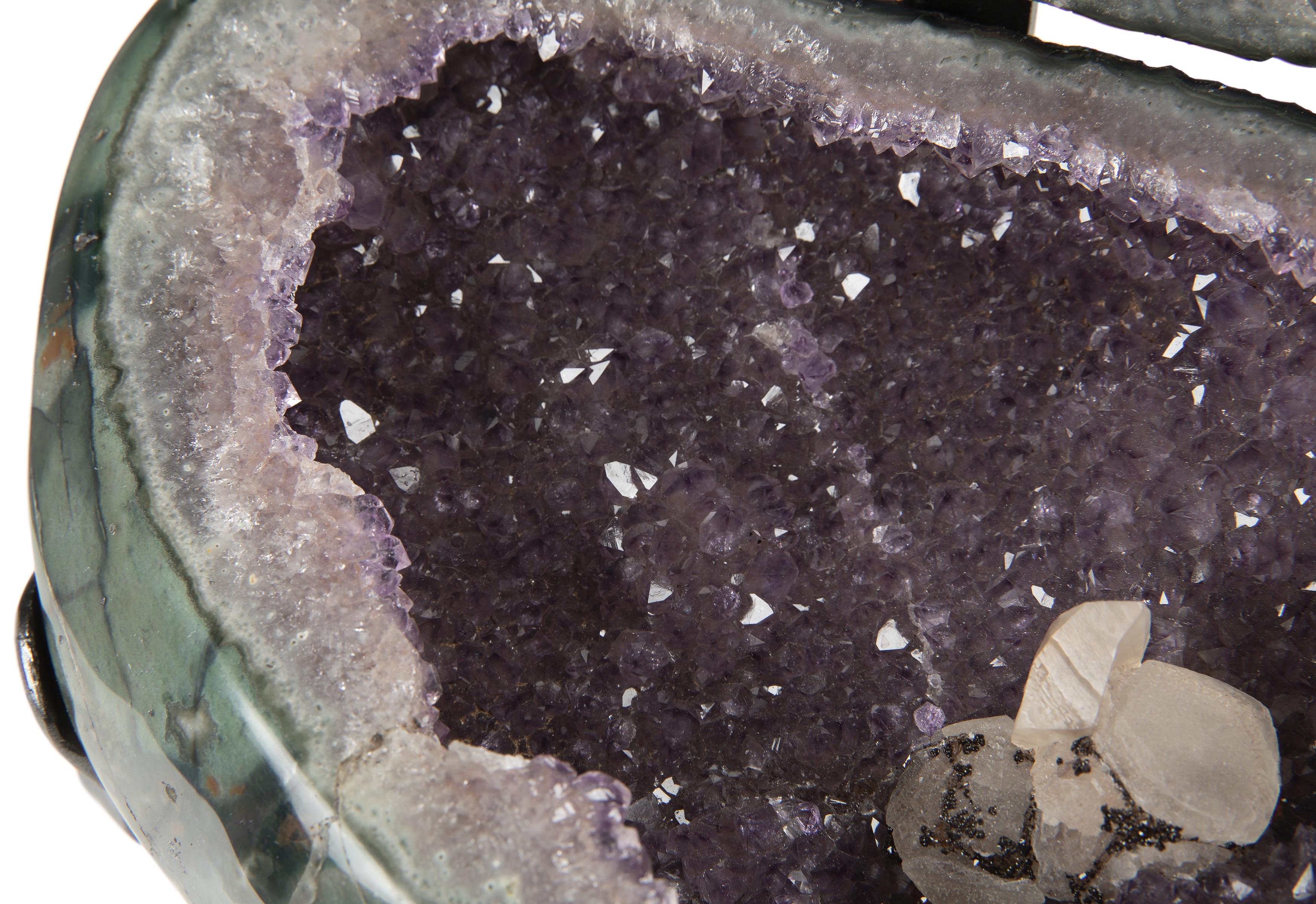 Geode Split in Two Amethyst Surrounded by White Quartz and a Calcite Formation In Excellent Condition In London, GB