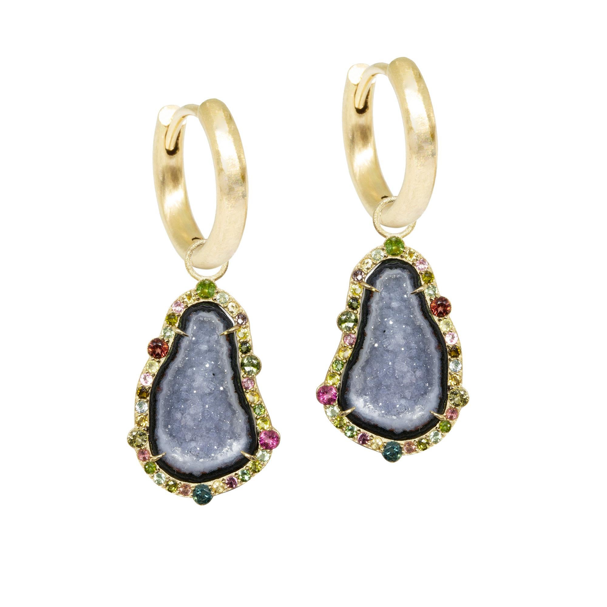 Earthy and unique, our one-of-a-kind Geode Earring Charms adorned with vivid multi tourmalines is a true delight. The intricate and detailed charms change up your style instantly, by giving you a bohemian chic vibe. Pair them with another charm (or