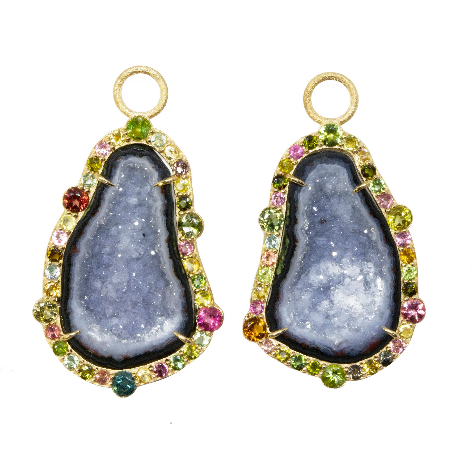 Contemporary Geode & Tourmaline Gold 18k Earring Charms For Sale