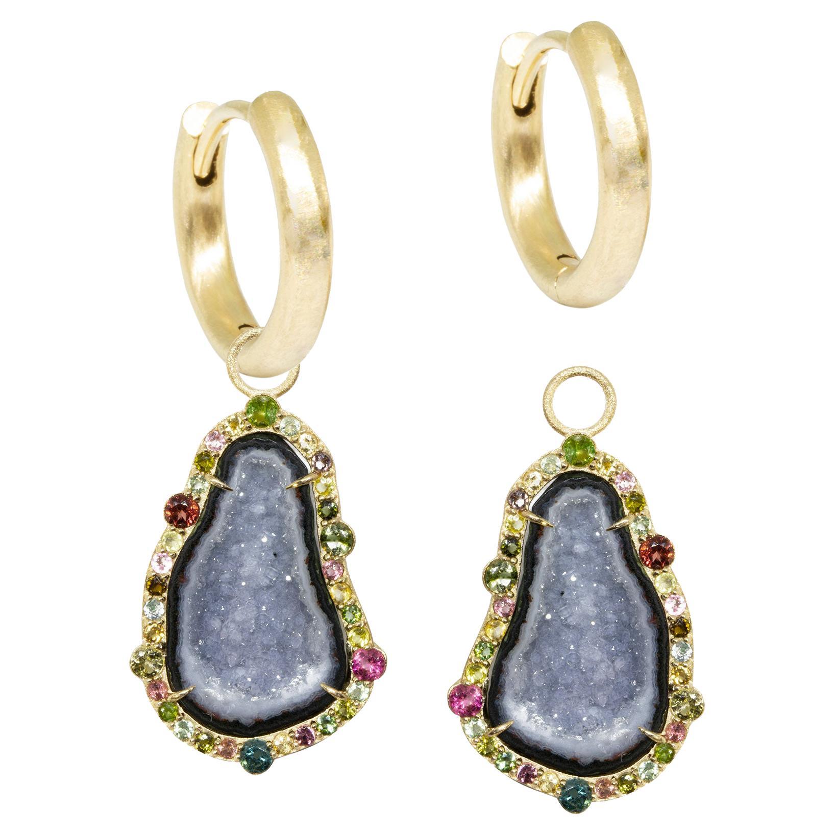Geode & Tourmaline Gold 18k Earring Charms For Sale