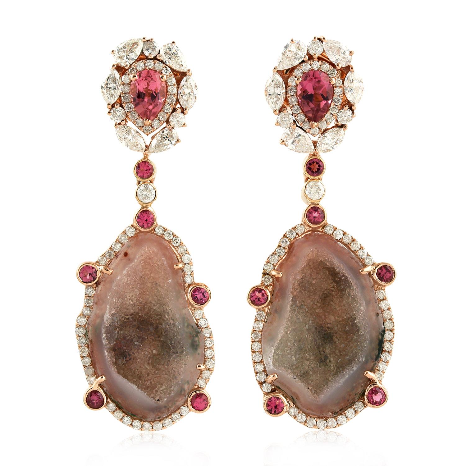 Taglio misto Orecchini con diamanti Geode Tourmaline One of a Kind in vendita