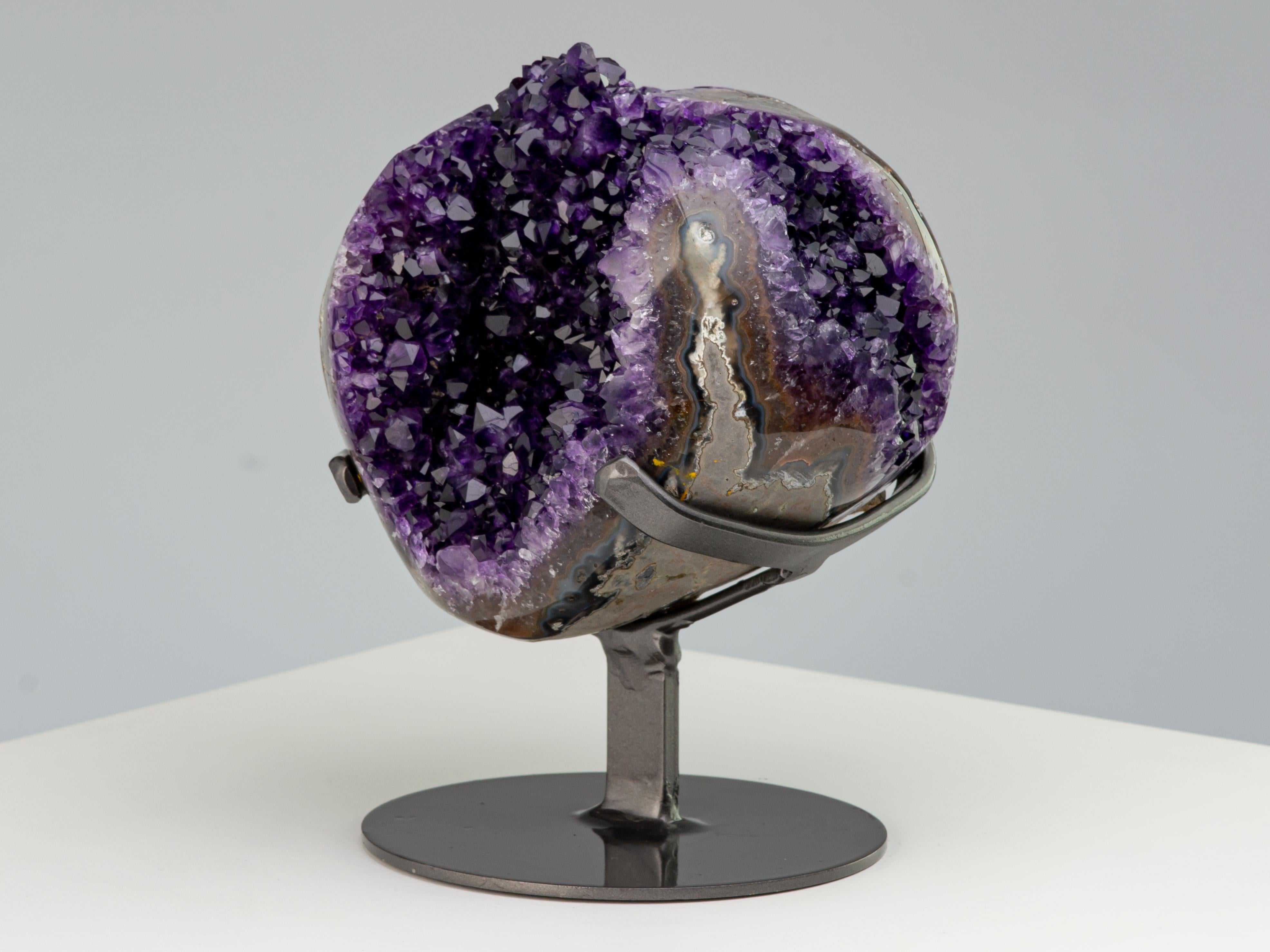 18th Century and Earlier Geode with deep purple amethyst crystals, a central stalactite and agate borders For Sale