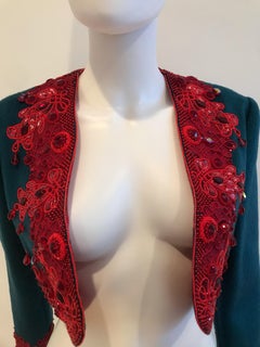 Geoffrey Bean Turquoise and Red Beaded and Embroidered Cropped Bolero