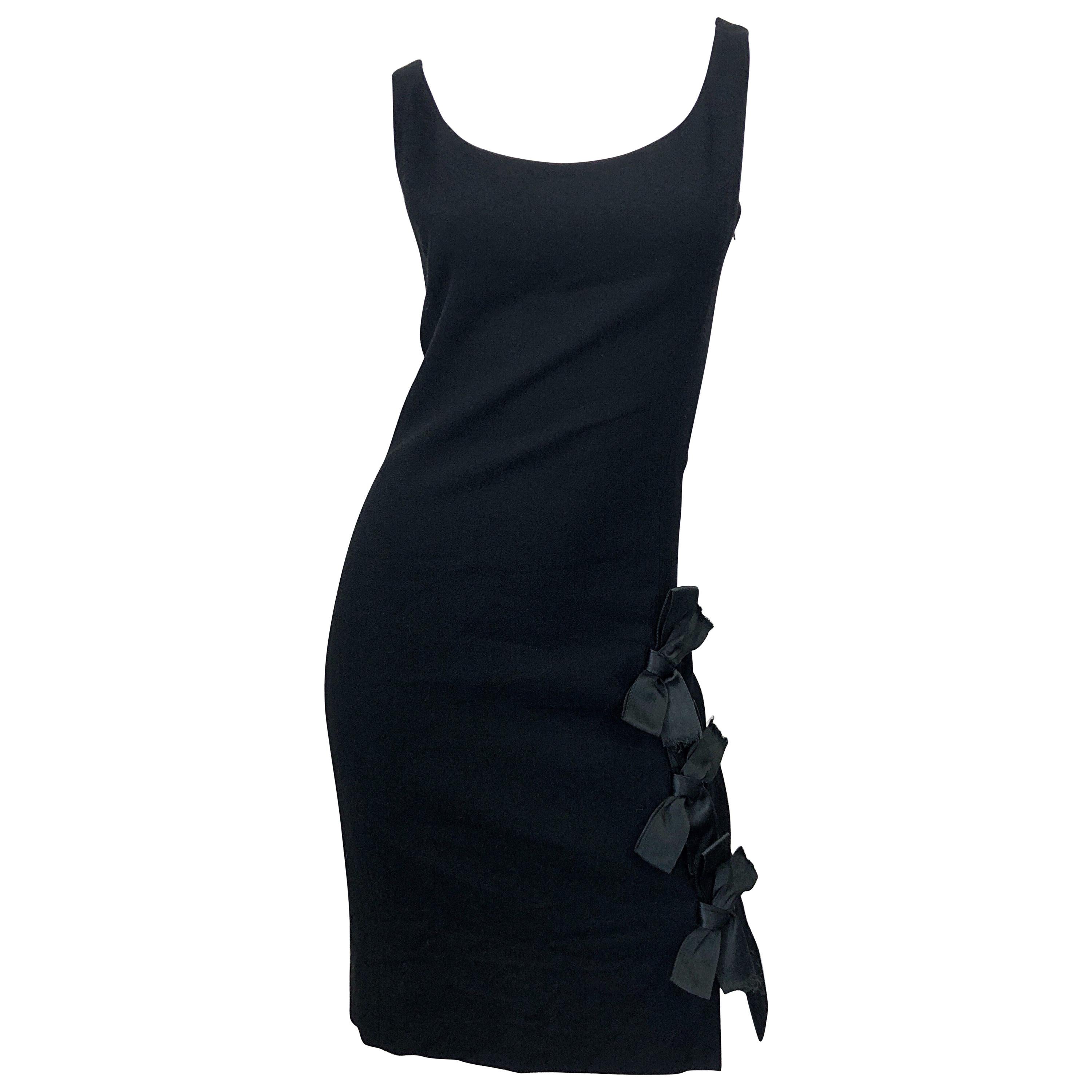 Geoffrey Beene 1960s Nero senza maniche con dettaglio a fiocco Tubino in lana vintage anni '60