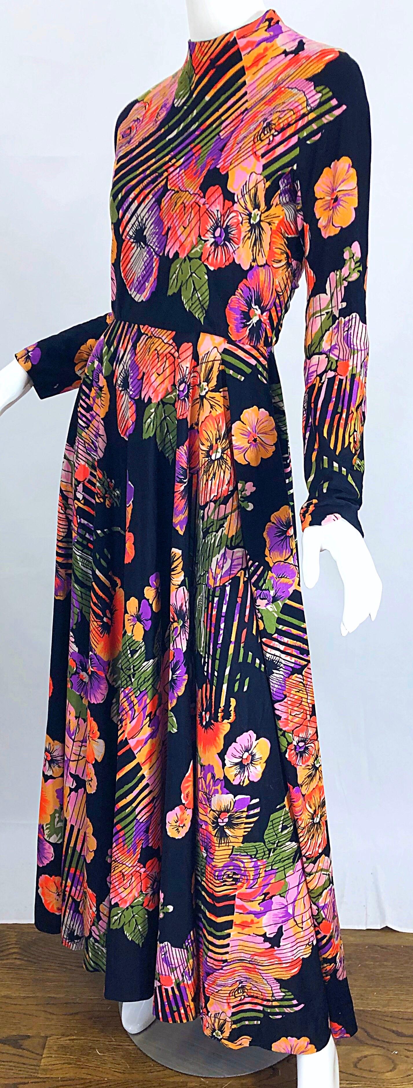 Geoffrey Beene 1970s Abstract Flower Print Long Sleeve High Neck 70s Maxi Dress For Sale 7