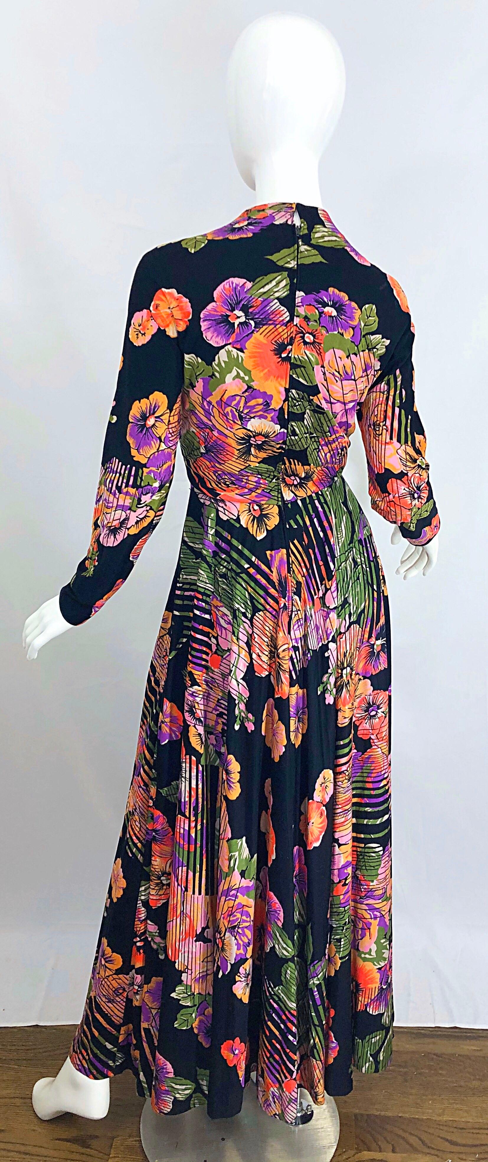 Geoffrey Beene 1970s Abstract Flower Print Long Sleeve High Neck 70s Maxi Dress For Sale 8