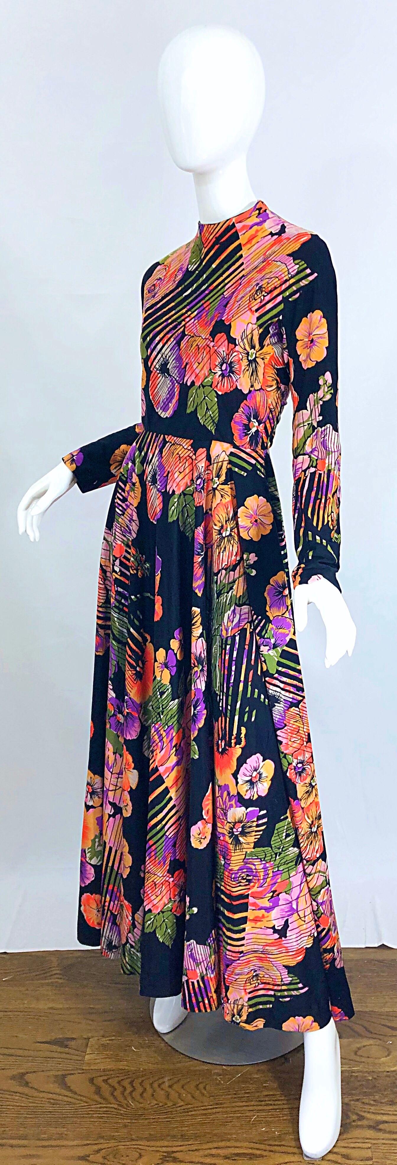 Geoffrey Beene 1970s Abstract Flower Print Long Sleeve High Neck 70s Maxi Dress For Sale 1