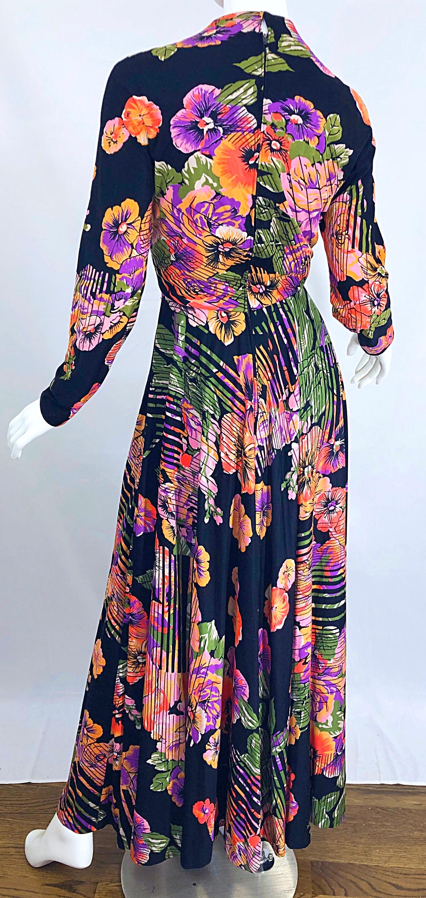 Geoffrey Beene 1970s Abstract Flower Print Long Sleeve High Neck 70s Maxi Dress For Sale 3
