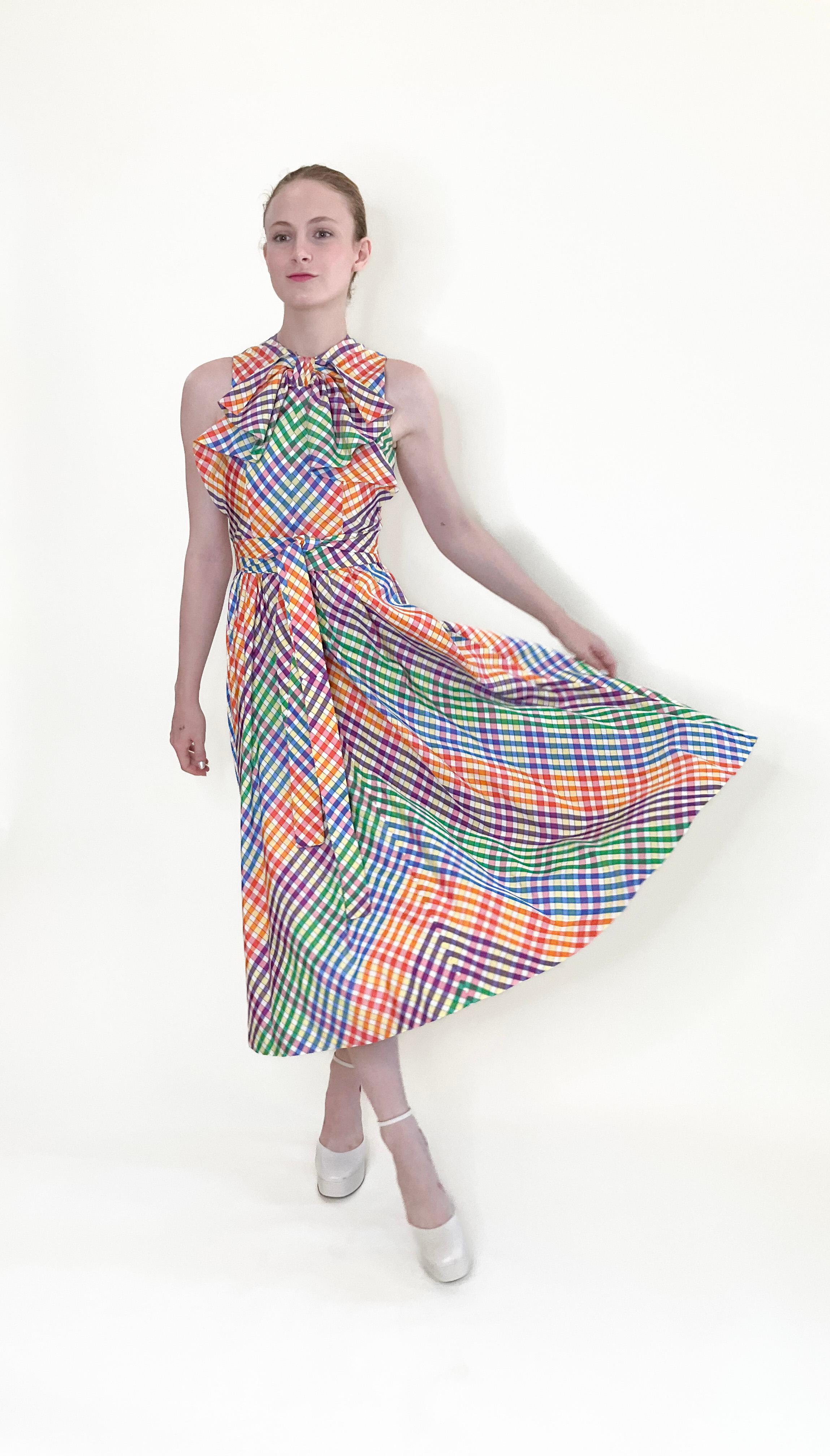 Gray Geoffrey Beene 1970s Rainbow Plaid Dress With Bow Neckline
